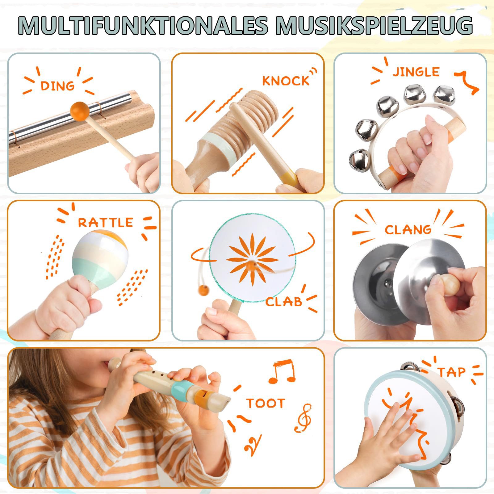CLTYQ Spielzeug-Musikinstrument Montessori Spielzeug 8 teiliges Kinder Percussion Se Starter-Set, Montessori- Ideal für Kindergarten und Musikalische Früherziehung