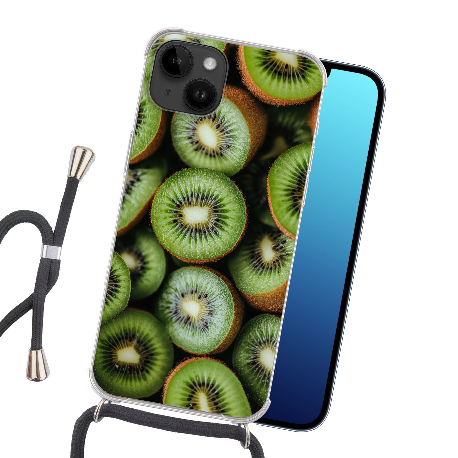 MuchoWow Handyhülle für Apple iPhone 14 Kiwi - Obst - Grün, Tragbare Handyhüllen mit Kette zum umhängen, Handykette Handyband