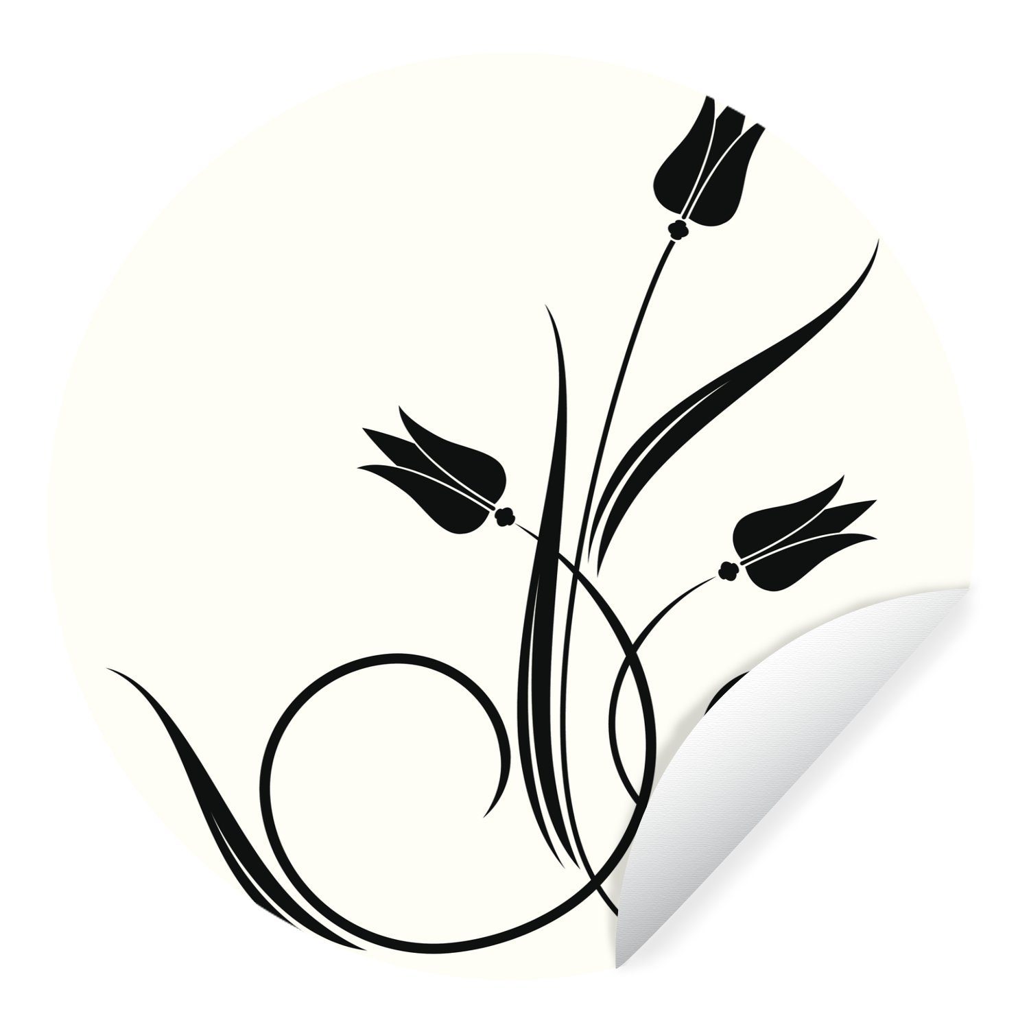 MuchoWow Wandsticker Eine Illustration von schwarzen Tulpen auf einem weißen Hintergrund (1 St), Tapetenkreis für Kinderzimmer, Tapetenaufkleber, Rund, Wohnzimmer