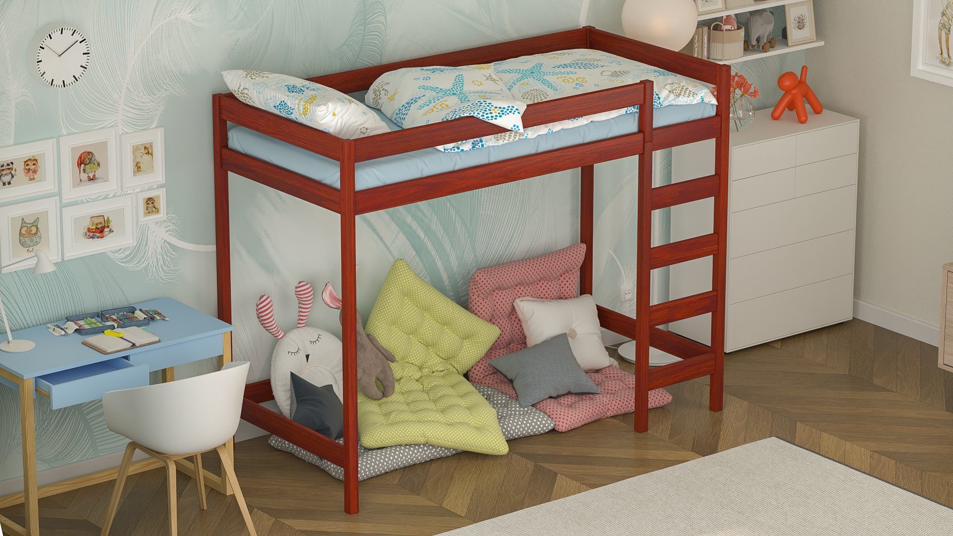 Palisander Massivholz Siblo Kinderbett (Lattenrost, Luki Sicherheitsbarriere),