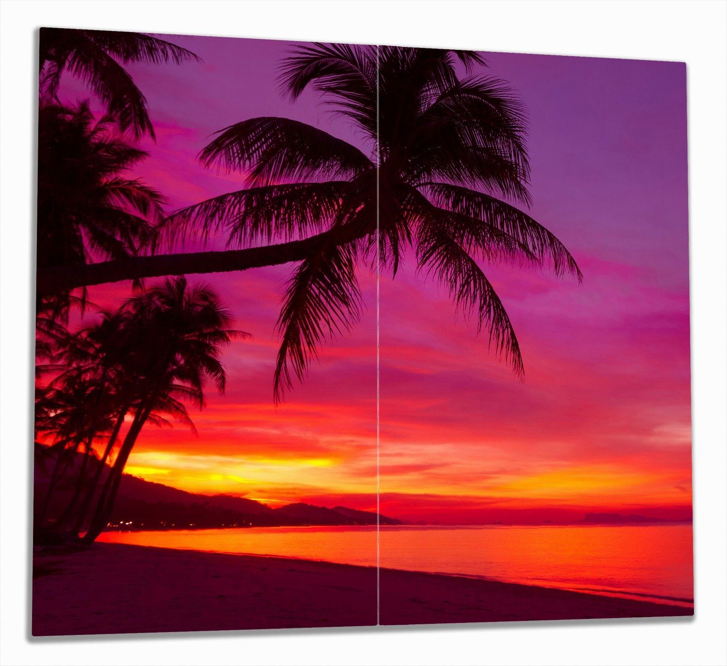 Noppen), unter Palmen Strand, ESG-Sicherheitsglas, pinker Abendrot Größen Himmel Wallario inkl. 5mm am Herd-Abdeckplatte - (Glasplatte, 2 tlg., verschiedene