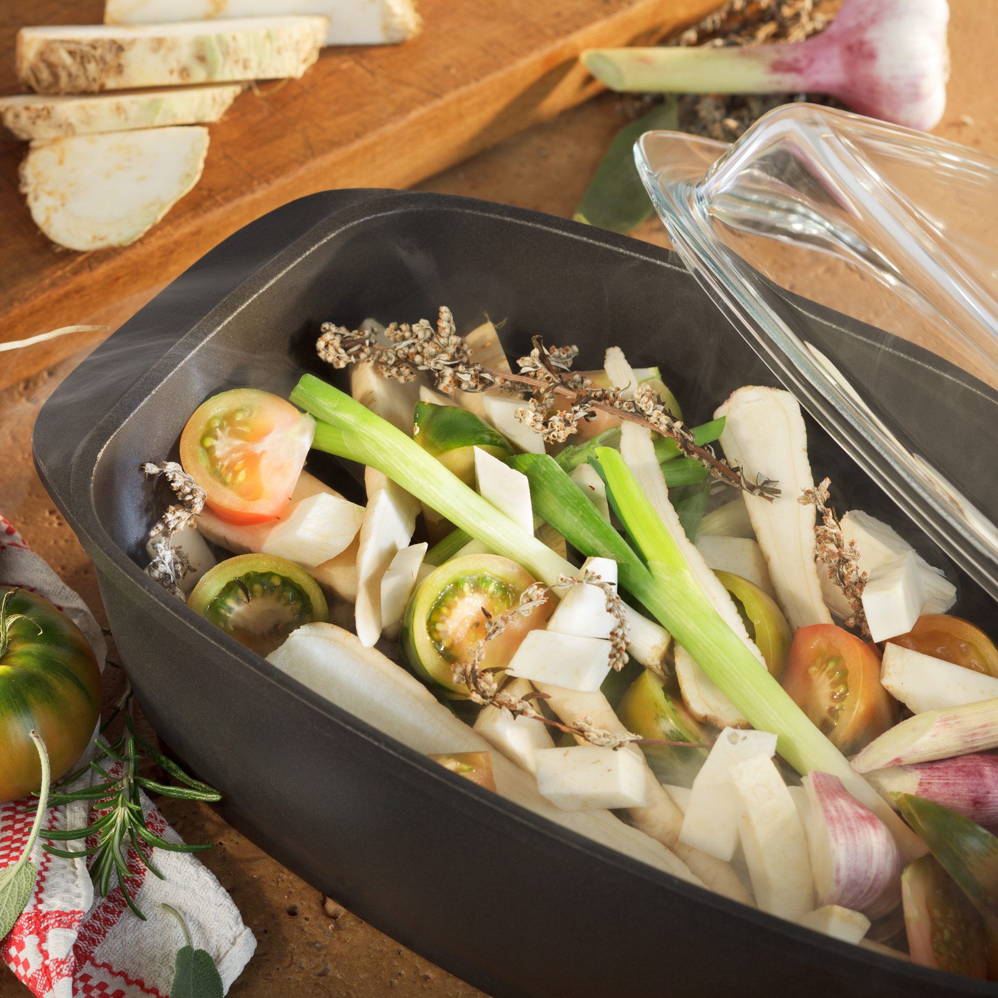 Berndes Bräter Aluguss-Unimit Glasdeckel 32 x 21 cm, Aluguss, PFAS-frei - Bräter, Aluminium-Vakuumdruckguss