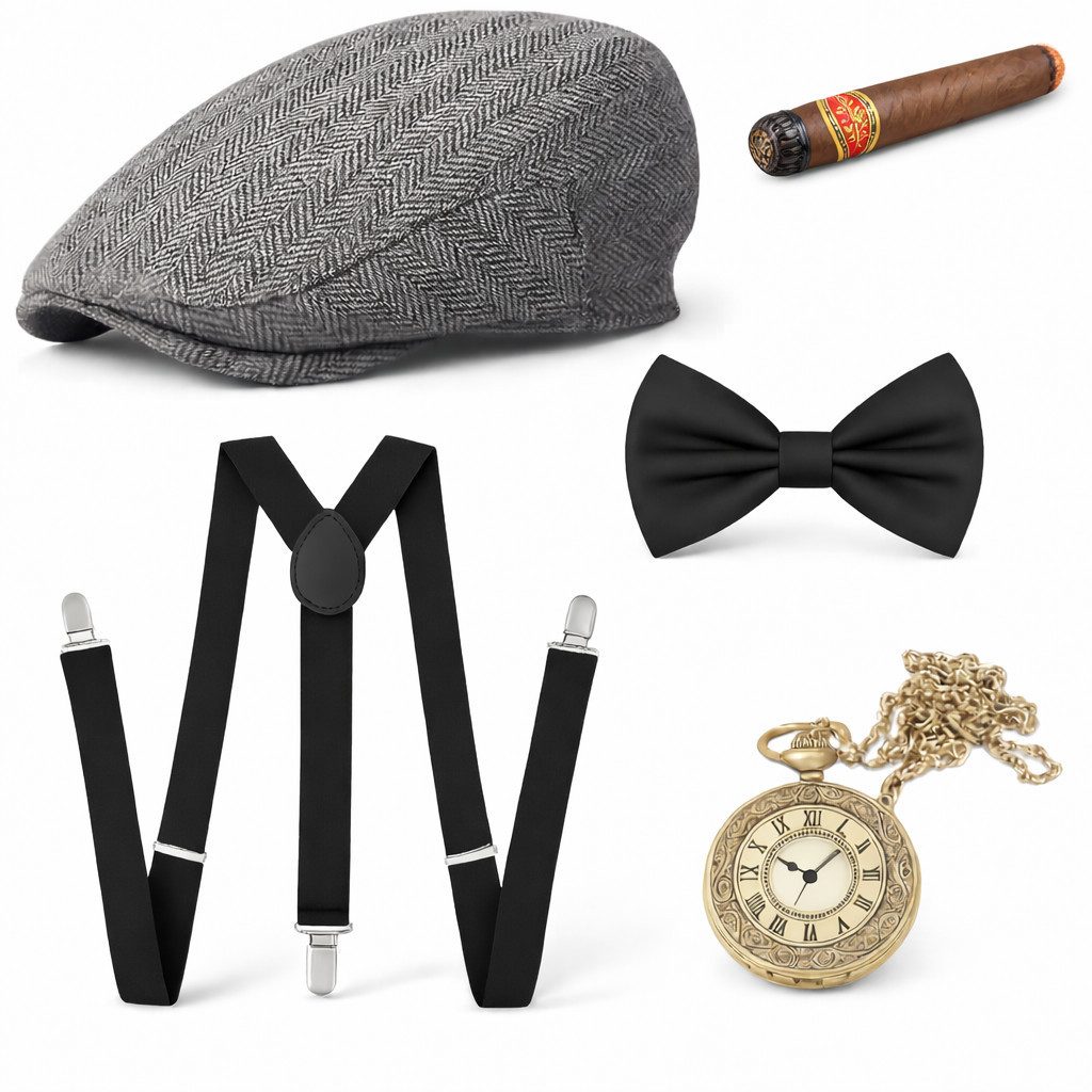 Kostümheld® Kostüm 5 in 1 - 20er Jahre Kostüm Accessoires Herren Mafia Fasching Karneval, Einheitsgröße