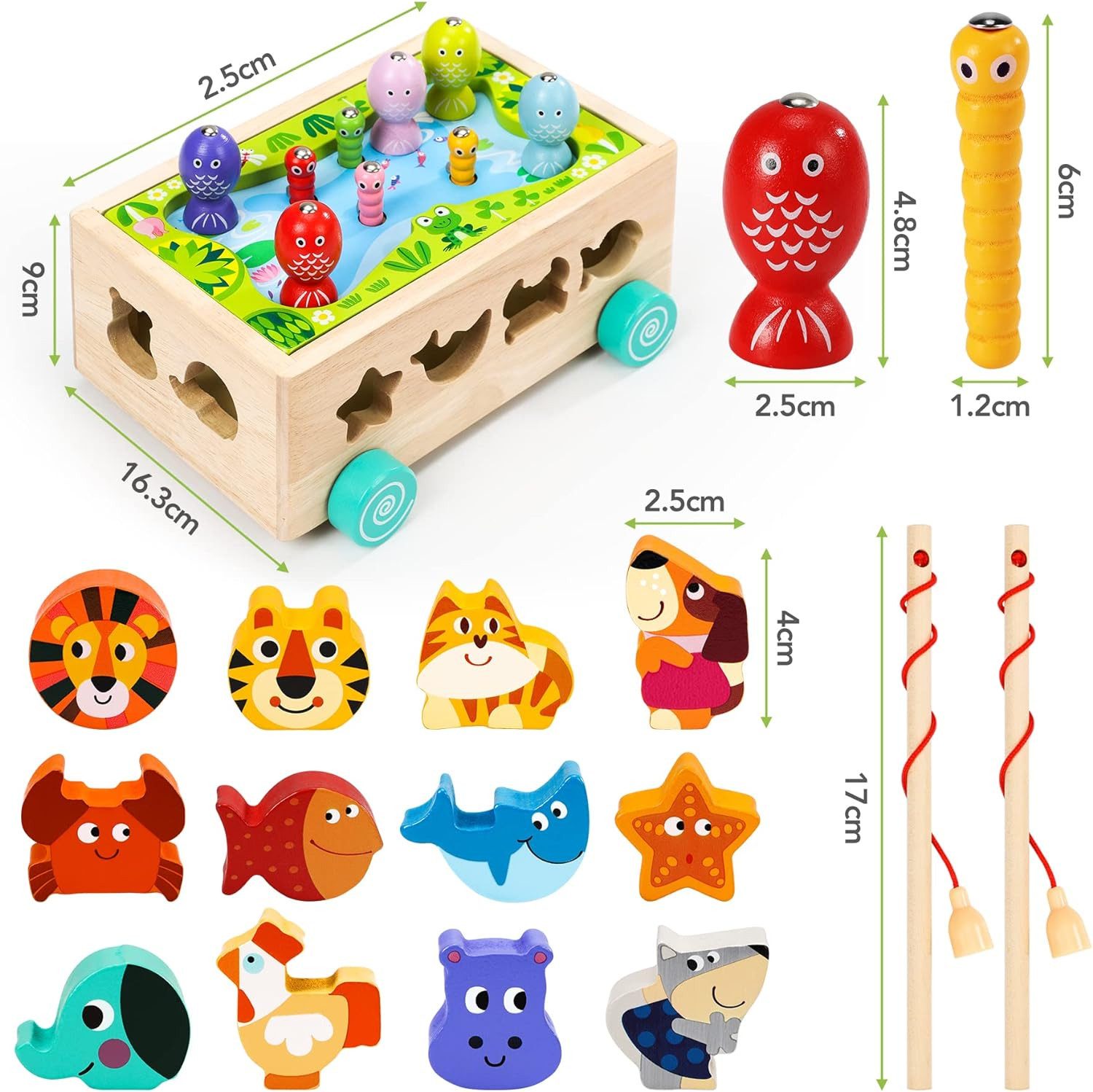 POPOLIC Montessori Spielzeug ab 1 2 3 Jahr Magnetspielbausteine, (Magnetisches Angelspiel Holzspielzeug, 6 in 1 Motorikspielzeug Lernspielzeug, Sortier- & Stapelspielzeug, 1 St), 2 3 4 Jahre Mädchen Junge Kleinkind Geschenk