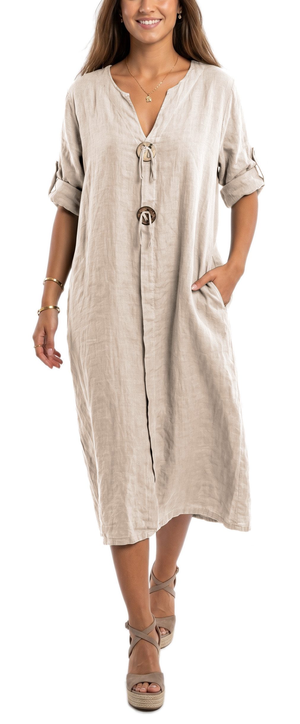 dy_mode Hemdblusenkleid Damen Leinenkleid Midi Hemdblusenkleid mit V-Ausschnitt Freizeitkleid in Unifarbe, V-Ausschnitt, mit seitlichen Eingriffstaschen