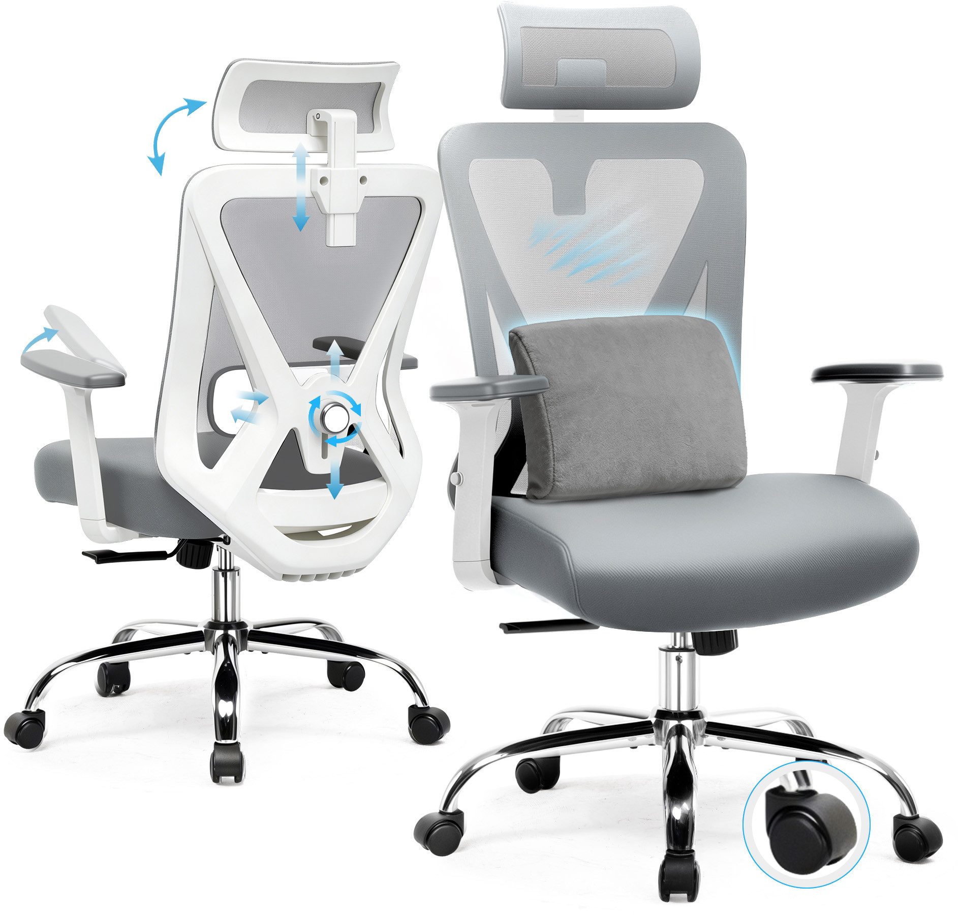 Bürostuhl Ergonomischer Schreibtischstuhl mit 3D Lendenwirbelstütze & Kopfstütze
