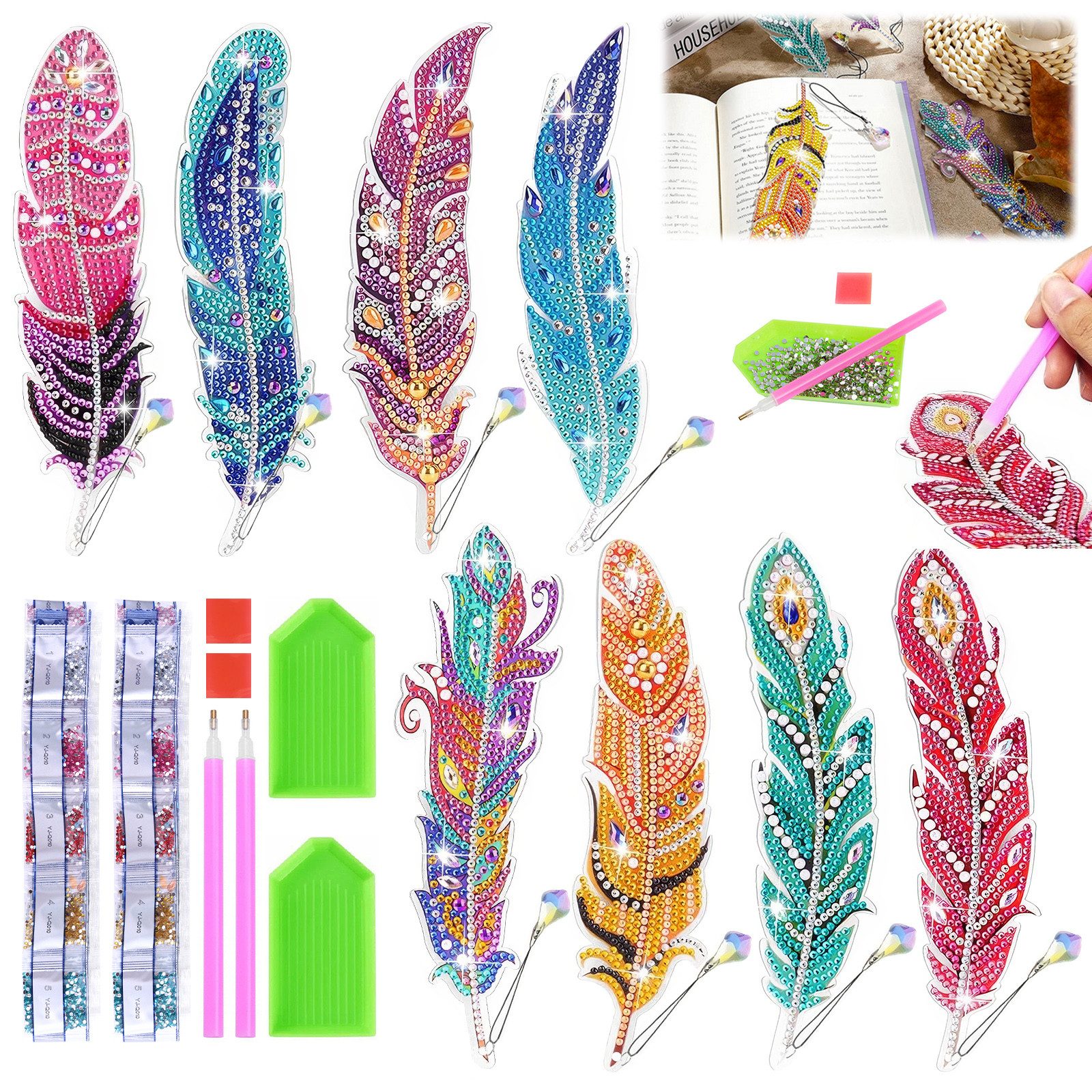 BlingBin Lesezeichen DIY Diamond Painting Lesezeichen Bastelset Kinder, 8 Stück Federmotiv, Basteln ab 6 Jahren, Geschenk für Mädchen, Kindergeburtstag