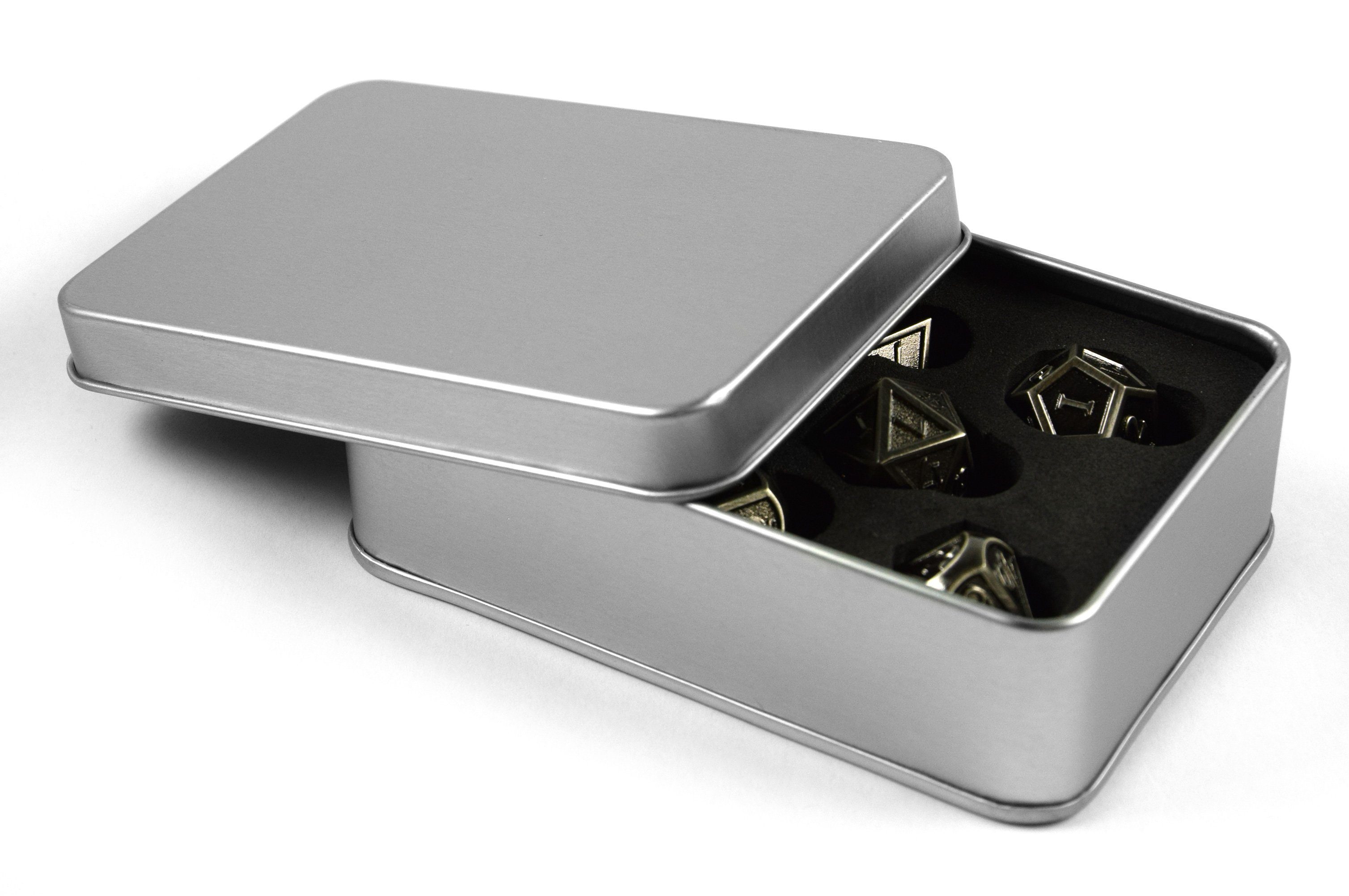 Optik, inkl. Aufbewahrungsbox Spielesammlung, 7 Steampunk SHIBBY in polyedrische Silber Metall-DND-Würfel