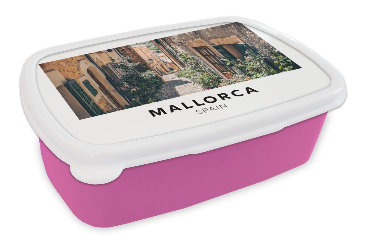 Brotbox Spanien (2-tlg), Mädchen, Kunststoff Mallorca Kinder, Snackbox, rosa Pflanzen, - - MuchoWow Kunststoff, Erwachsene, für Brotdose Lunchbox