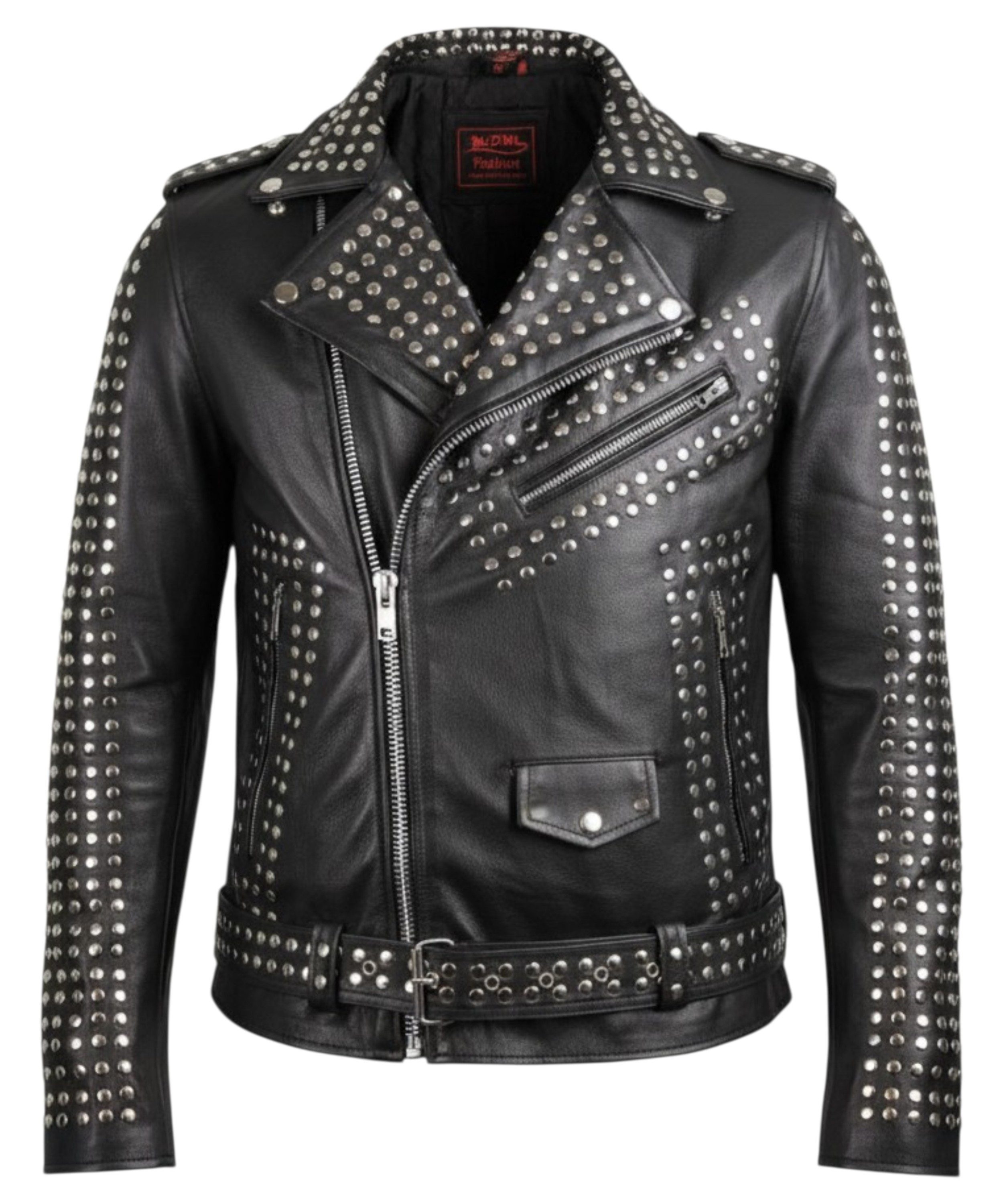 MDM Lederjacke Herren Nieten Biker Lederjacke Rindsleder (Herren Nieten Lederjacke im Rocker-Look aus echtem Rind-Nappa) Gürtel und markantem Rocker-Look