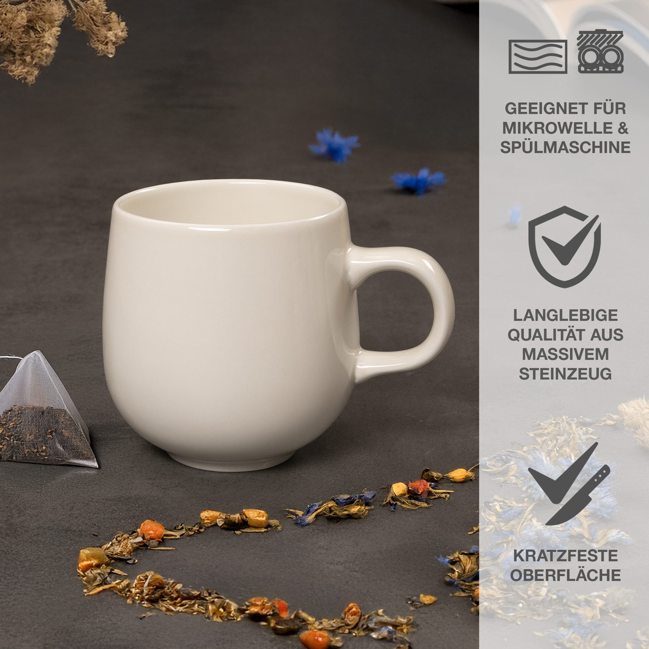 Moritz & Moritz Tasse ALHAMBRA Kaffeebecher Creme, 6-tlg., Steinzeug, Hochwertiges Steinzeug, Spülmaschinengeeignet