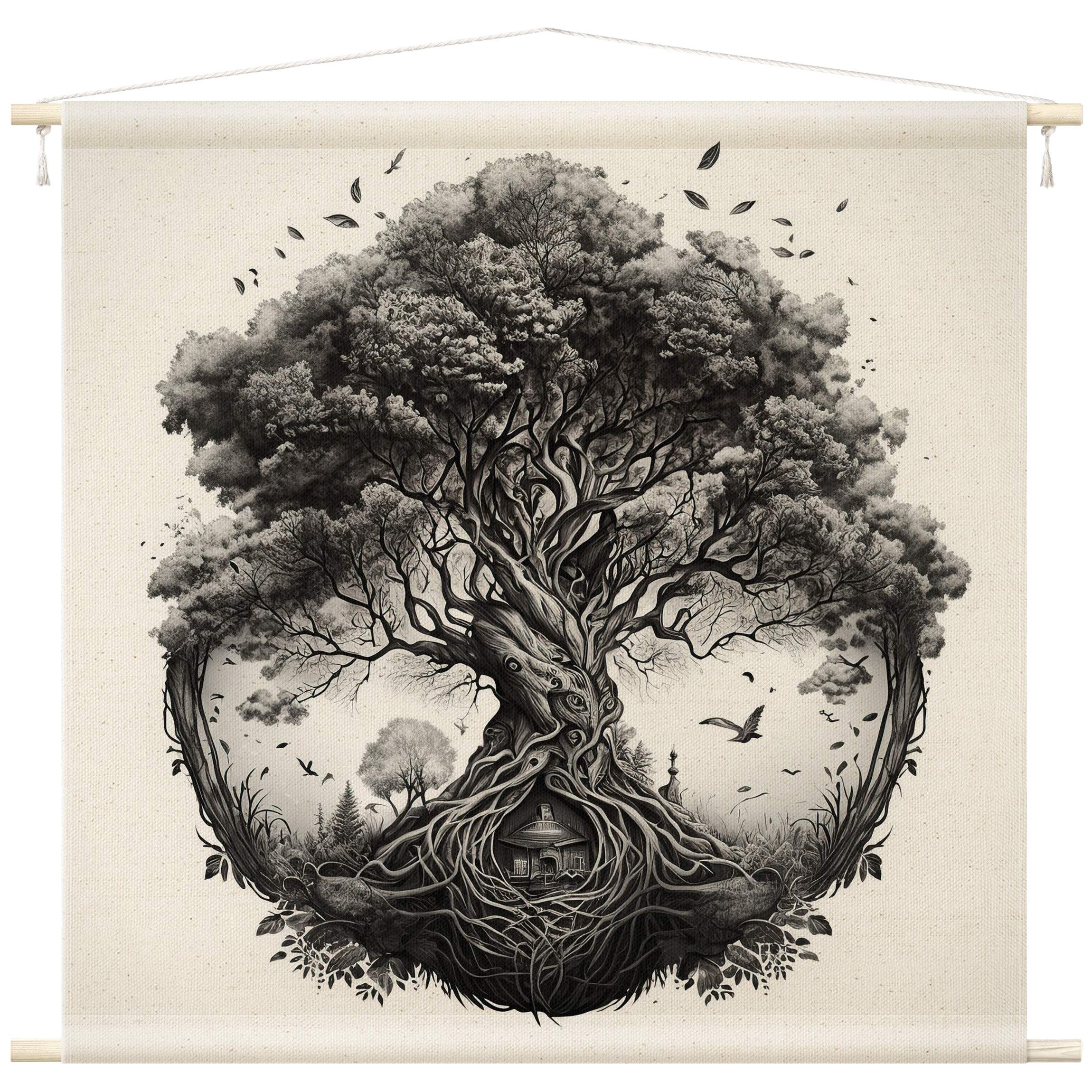 Bilderdepot24 Wandteppich modern Wald Spirituell Wald schwarz-weiß, quadratisch, Höhe: 2.6 mm, großes Wandbild aus Natur-Baumwolle Wandbehang Stoffbild Tuch Wollseil