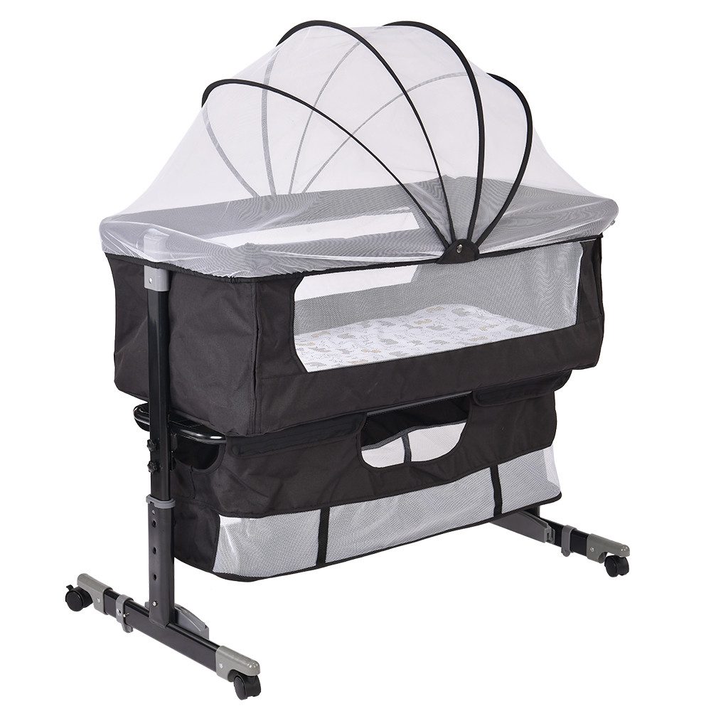 JEOBEST Baby-Reisebett 3 in 1 Babybett und Babywiege, Beistellbett Höhenverstellung, Kinderbett mit Rollen, Moskitonetz, Lagerungstasche und Matratze