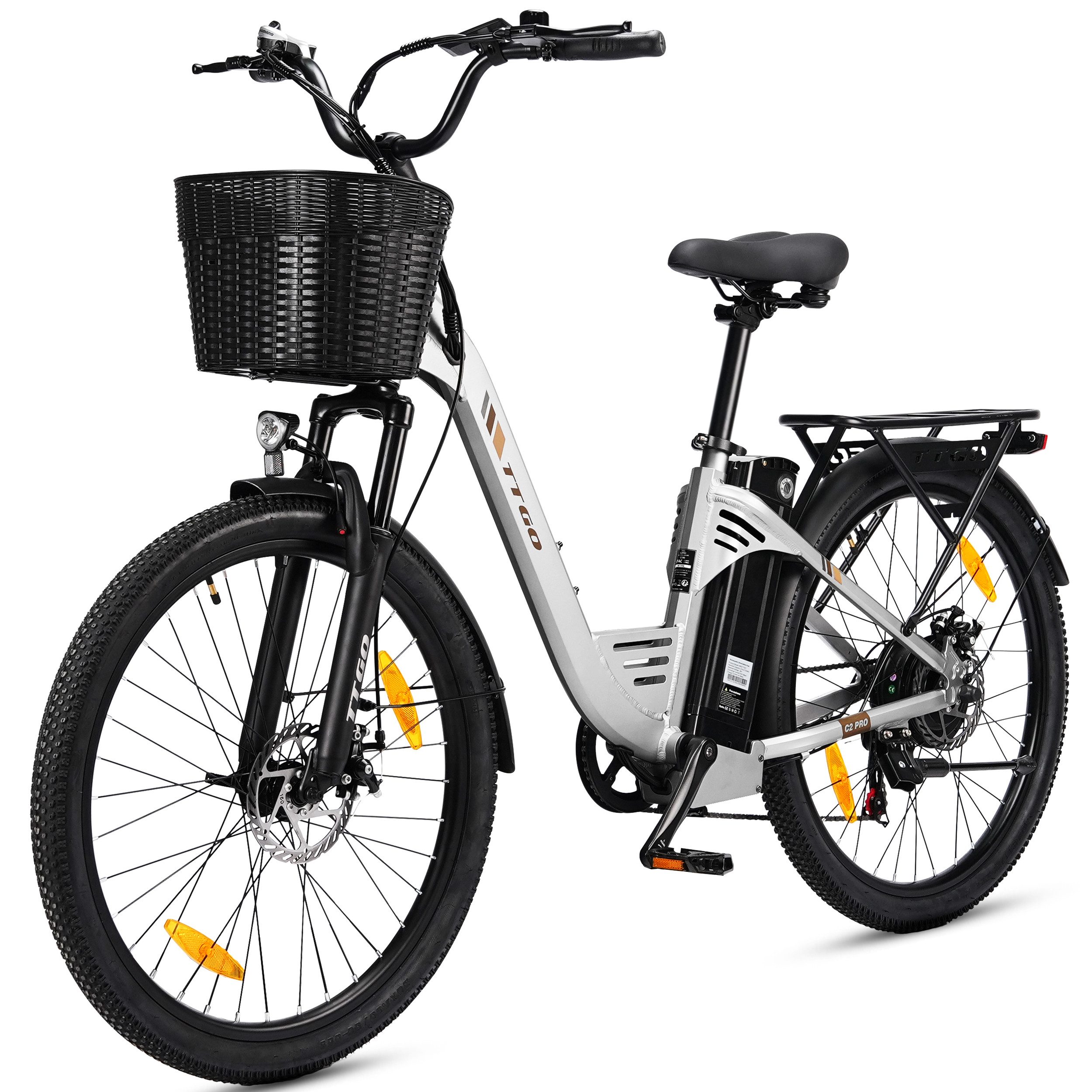 TTGO E-Bike Cityrad 26 Zoll, 648Wh, max. 120km, Federgabel, mit Frontkorb und Gepäckträger, 7 Gang SHIMANO, Kettenschaltung, Heckmotor, 648 Wh, (5 Stufen, Pedelec, bis zu 125kg, für ca. 160–185cm), Aluminiumrahmen, Tiefeinsteiger, Elektrofahrrad für Damen