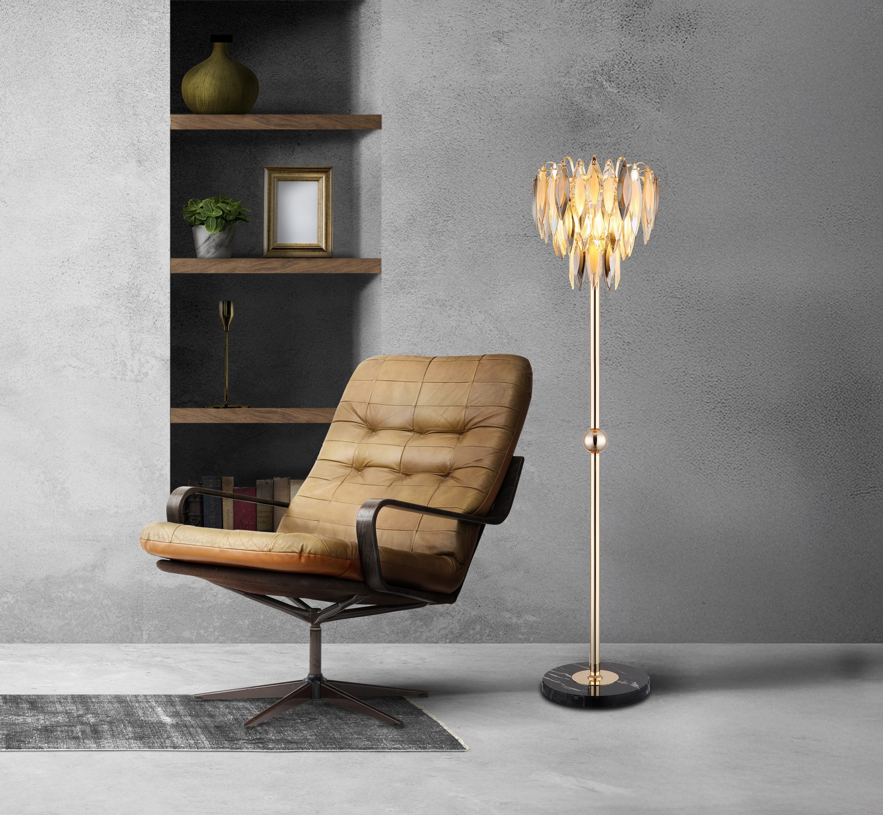GLOBO LIGHTING Stehlampe ELINOR, ohne Leuchtmittel, Stehleuchte Gold/Marmor, K9 Kristalle, Fußtrittschalter, E14