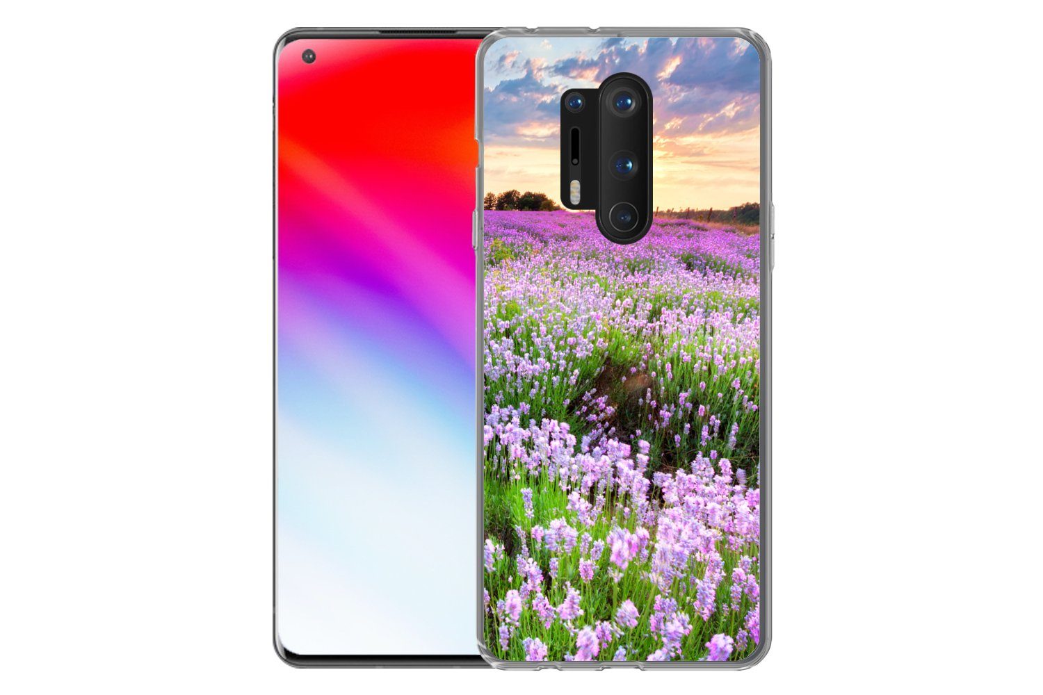MuchoWow Handyhülle für OnePlus 8 Pro Blumen - Lavendel - Lila - Himmel - Sonnenuntergang, Phone Case, Silikon, Schutzhülle Dünn