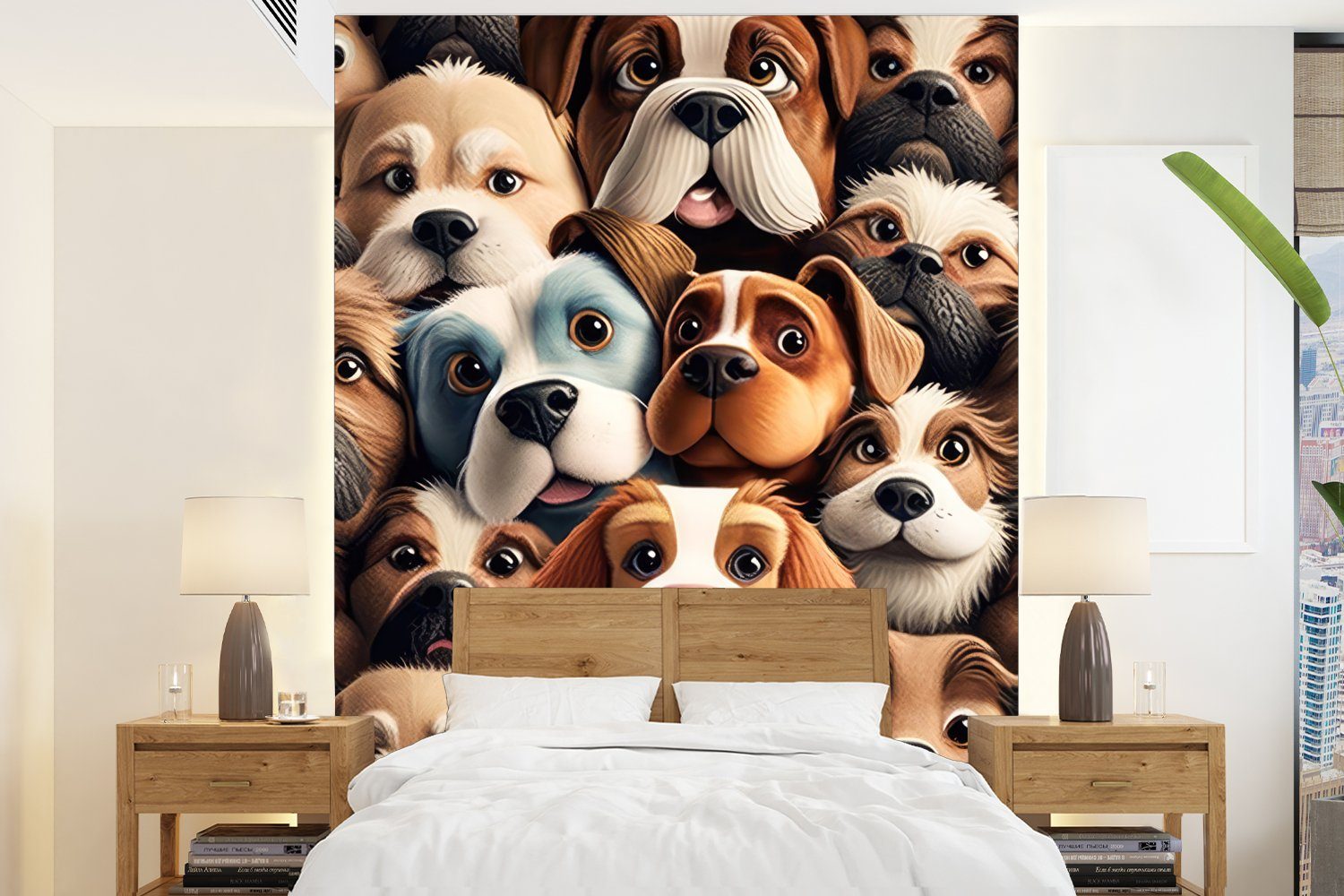 MuchoWow Fototapete Hund - Muster - Tiere - Braun - Mädchen - Junge, Matt, bedruckt, (4 St), Montagefertig Vinyl Tapete für Wohnzimmer, Wandtapete