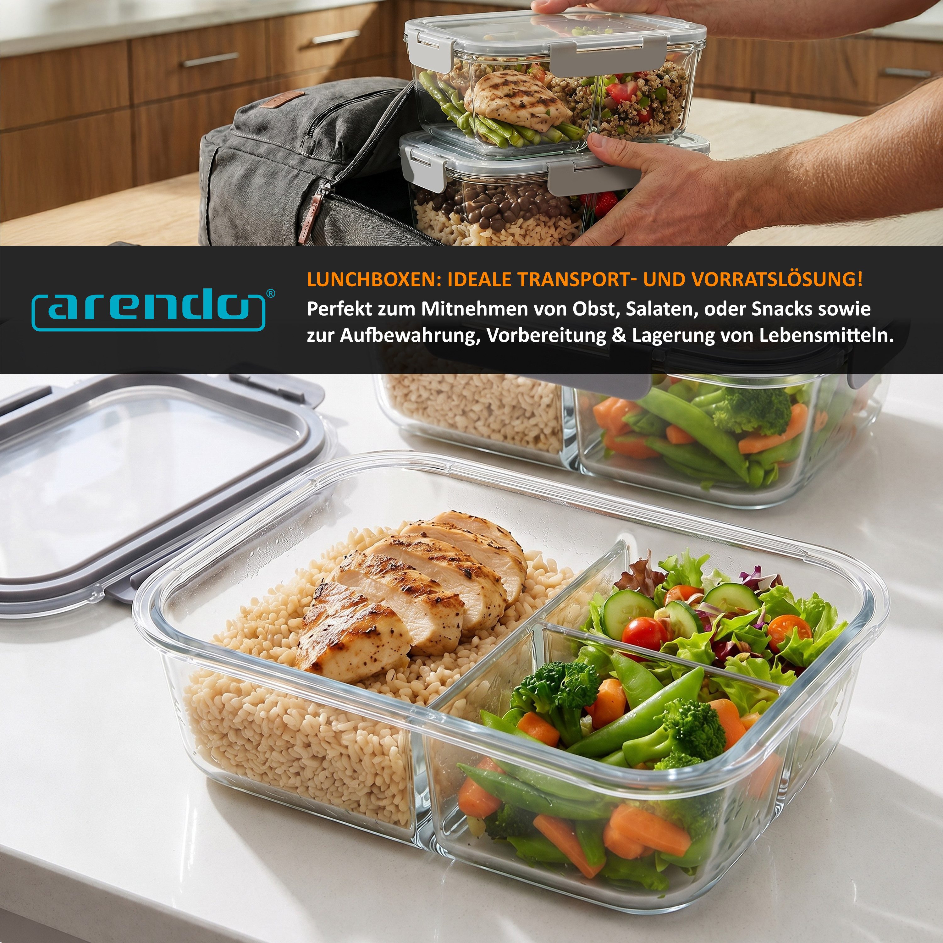 Arendo Frischhaltedose 2er Set Glas Vorratsdosen, 3 Fächer, Lunchboxen, auslaufsicher, Deckel, Borosilikatglas, (Set, 2-tlg., mit 3 Fächern), luftdicht, Mikrowe – Bild 4 von 5