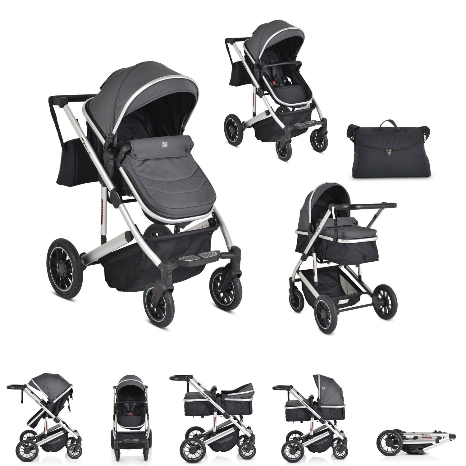 Moni Kombi-Kinderwagen Kombikinderwagen 2 in 1 Thira, Babywanne, umbaubar, Sportsitz, Fußabdeckung grau