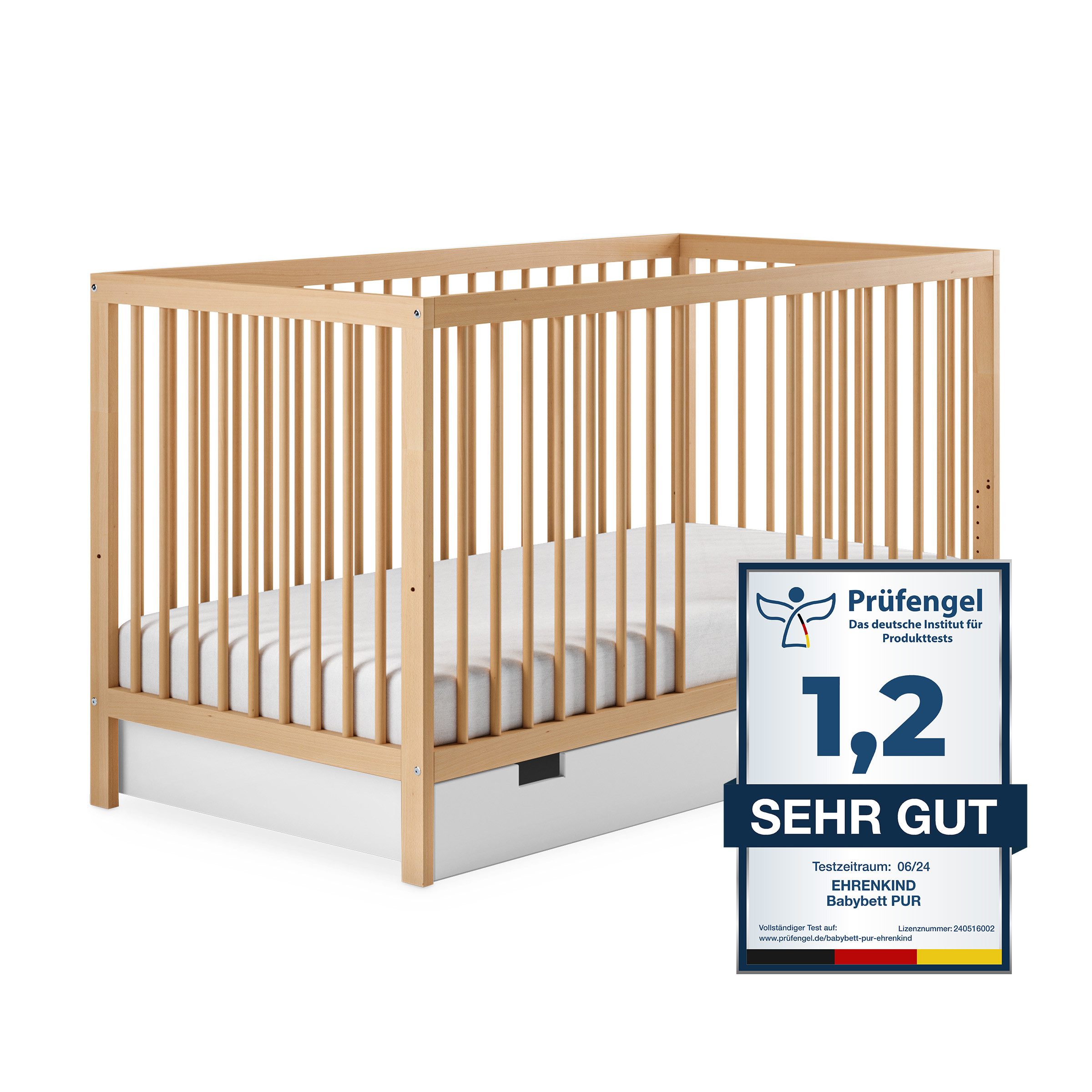 Ehrenkind Babybett PUR aus massivem Buchenholz, flexibel höhenverstellbar, Gitterbett, Kinderbett 9-Fach höhenverstellbar mit entnehmbaren Stangen Baby Bett