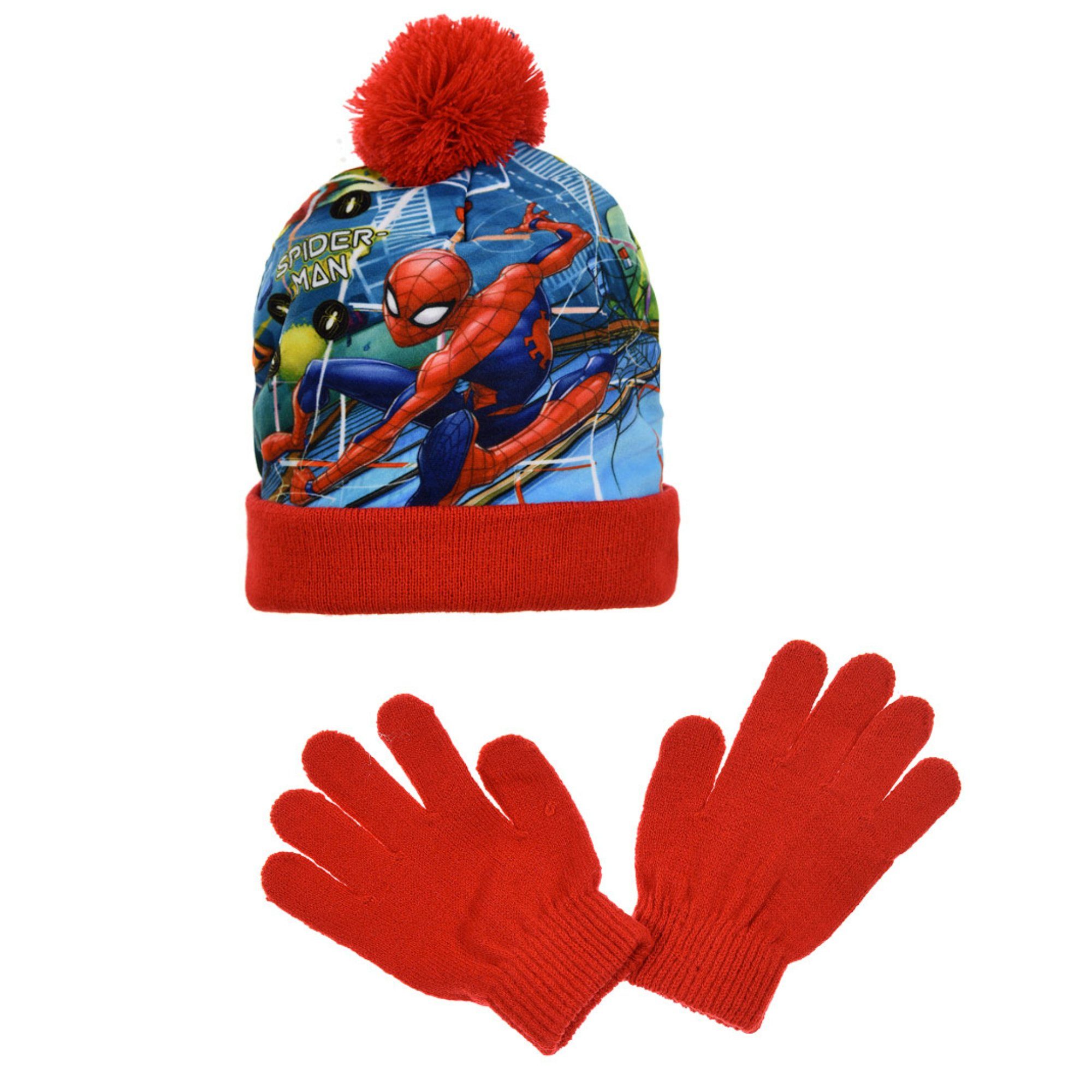 Set Winter Spiderman Handschuhe Gr. 52 Ballonmütze Kinder plus 54 Rot MARVEL Mütze bis (2-St) Herbst