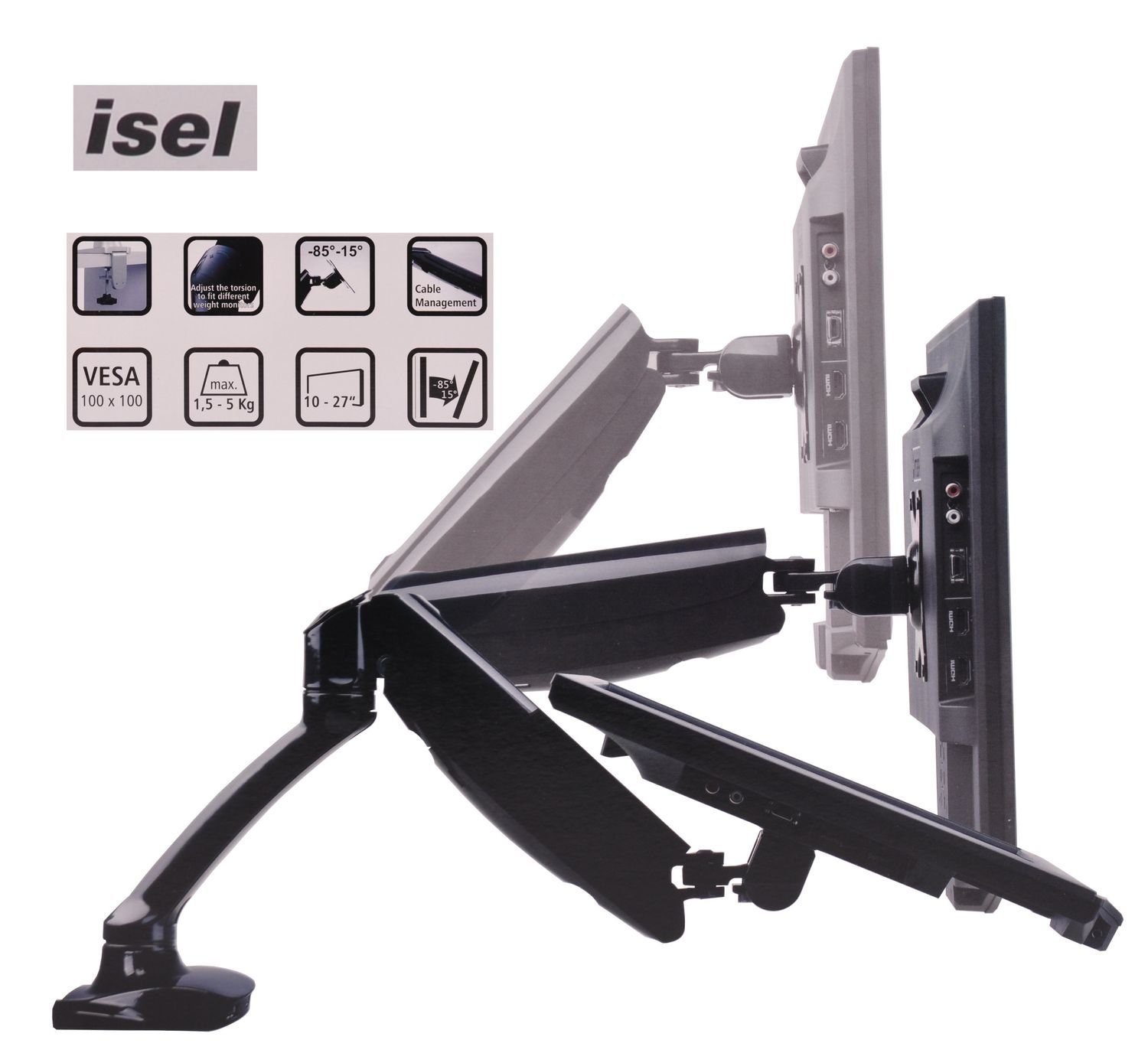 BURI Isel® Monitor Tisch Halterung 5 Kg inkl 2x USB Port 10 bis 27 Zoll  Monitor-Halterung