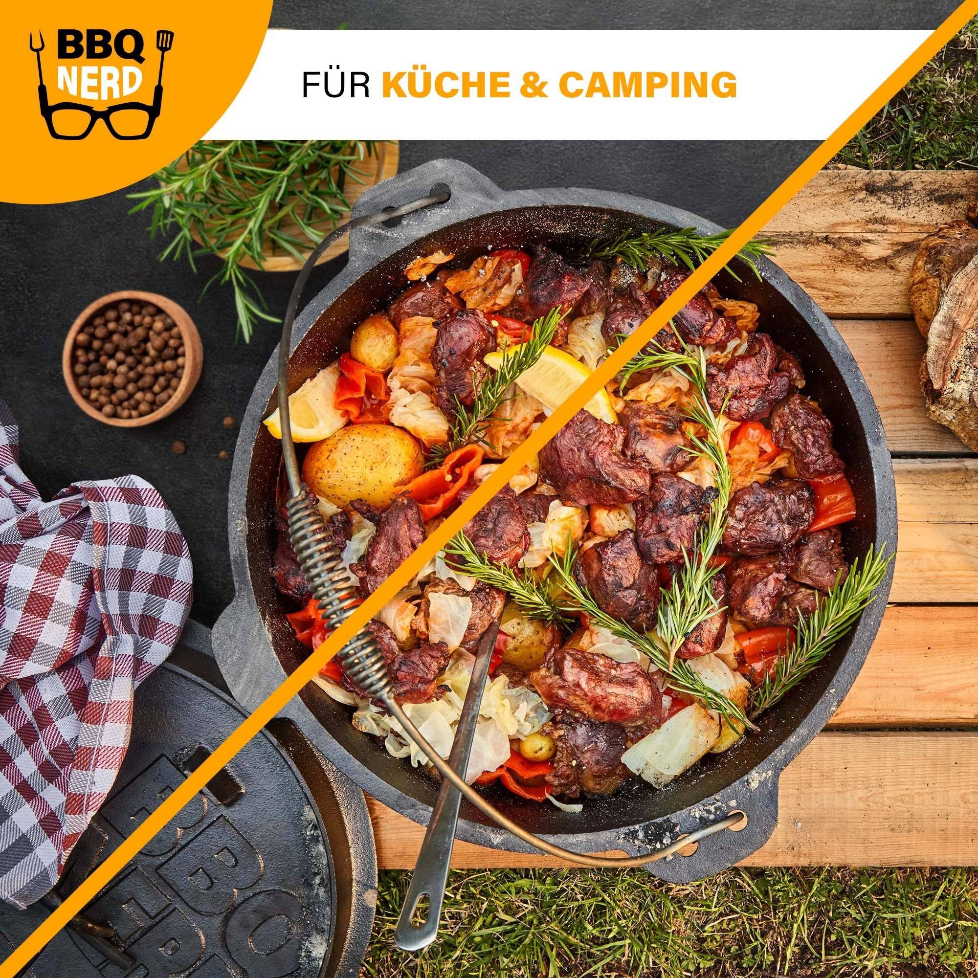 BBQ Nerd Feuertopf Camping Deckel / inkl. Oven 7,3L / Grilltopf Feuerfester - eingebrannt mit Professional Ständer, Gusseisen Deckelheber , Grill mit preseasoned, Kochtopf, (Dutch & bereits 4,2L Bräter 9,0L 13,6L)