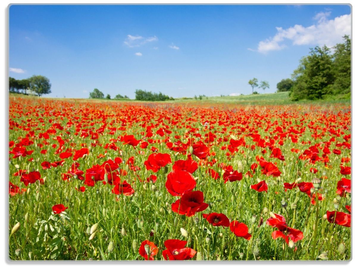 Wallario Schneidebrett Mohnblumenfeld- rote Blumen unter blauem Himmel, ESG-Sicherheitsglas, (inkl. rutschfester Gummifüße 4mm, 1-St), 30x40cm