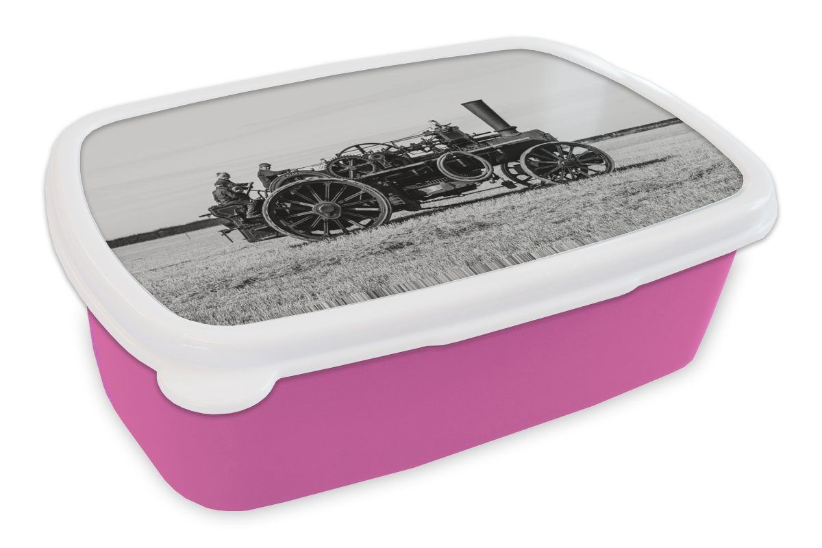 MuchoWow Lunchbox Traktor - Schwarz - Weiß - Bauernhof - Vintage, Kunststoff, (2-tlg), Brotbox für Erwachsene, Brotdose Kinder, Snackbox, Mädchen, Kunststoff rosa