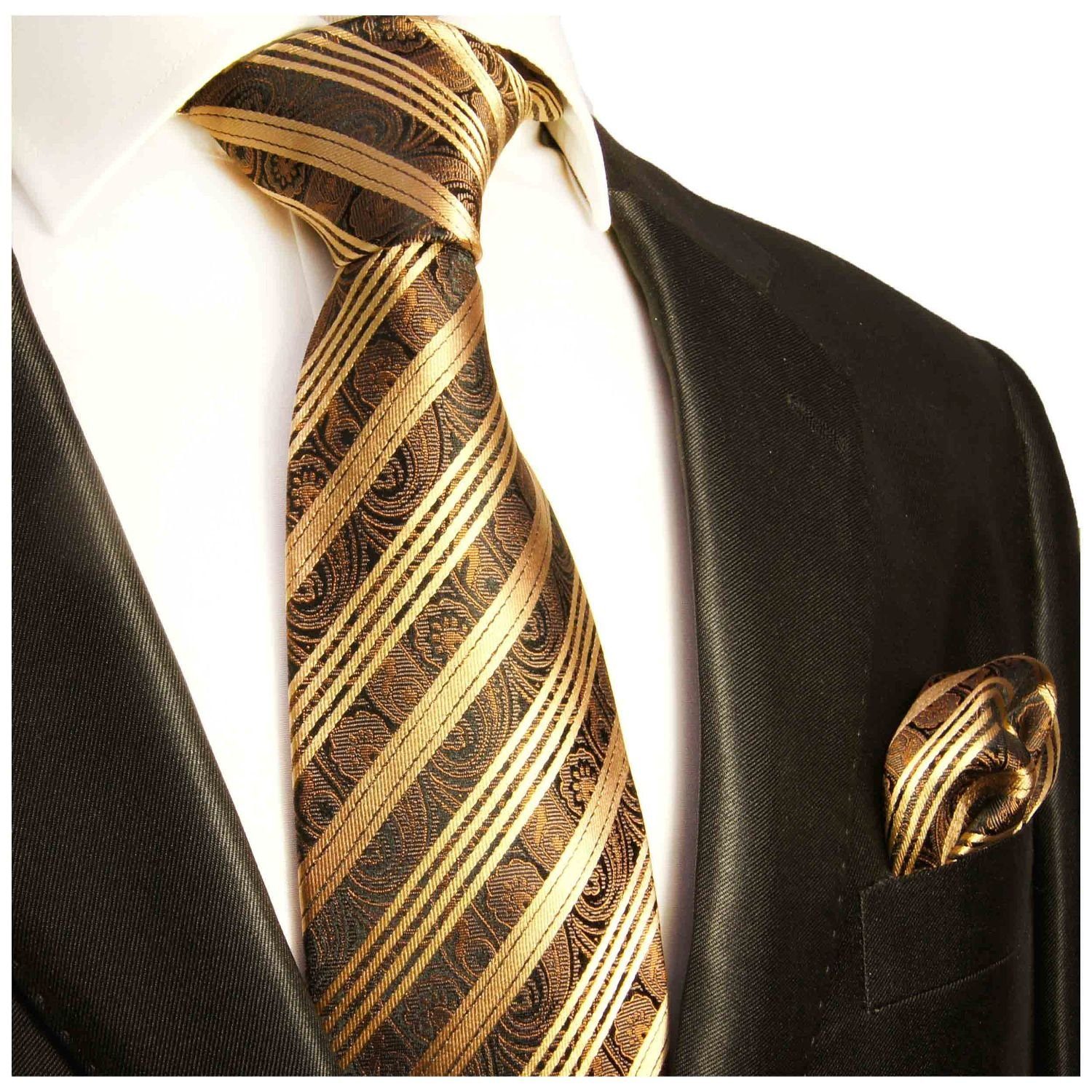 Seide mit Krawatte Paul Malone (Set, (6cm), gold 2-St., modern Krawatte 388 gestreift mit Tuch Seidenkrawatte braun paisley Schmal Einstecktuch) 100% Herren