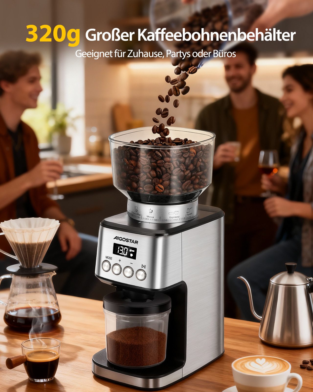 Aigostar Kaffeemühle Professionelle Coffee Grinder mit 52 Mahleinstellungen, Kegelmahlwerk, 180,00 W, Kegelmahlwerk, 320,00 g Bohnenbehälter, Geeignet für Espre – Bild 5 von 5
