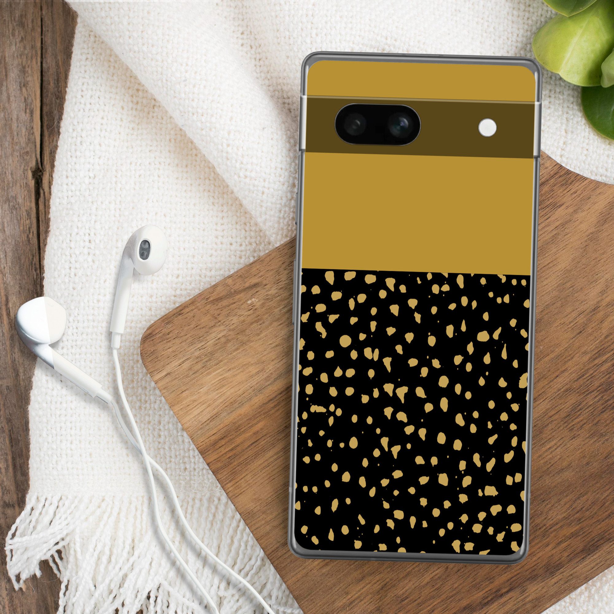 MuchoWow Handyhülle für Google Pixel 7a Polka dots - Ockergelb - Schwarz, Handy Case, Silikon, Bumper Case Dünn