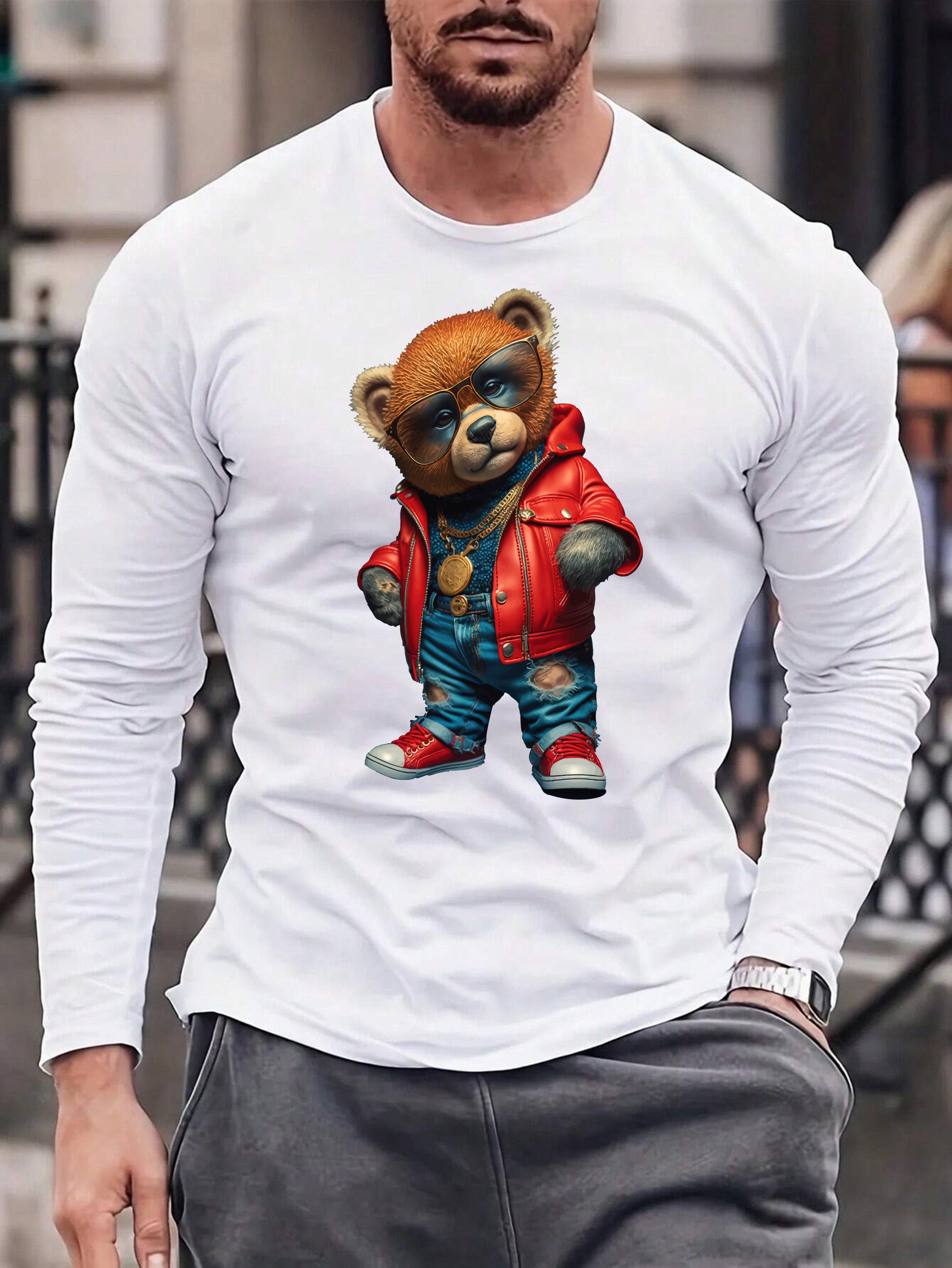 RMK Longsleeve Herren Langarmshirt Rundhals Basic Teddybär Bär aus Baumwolle, mit lizenziertem Print Weiß (Model 1) | Rundhalsshirts