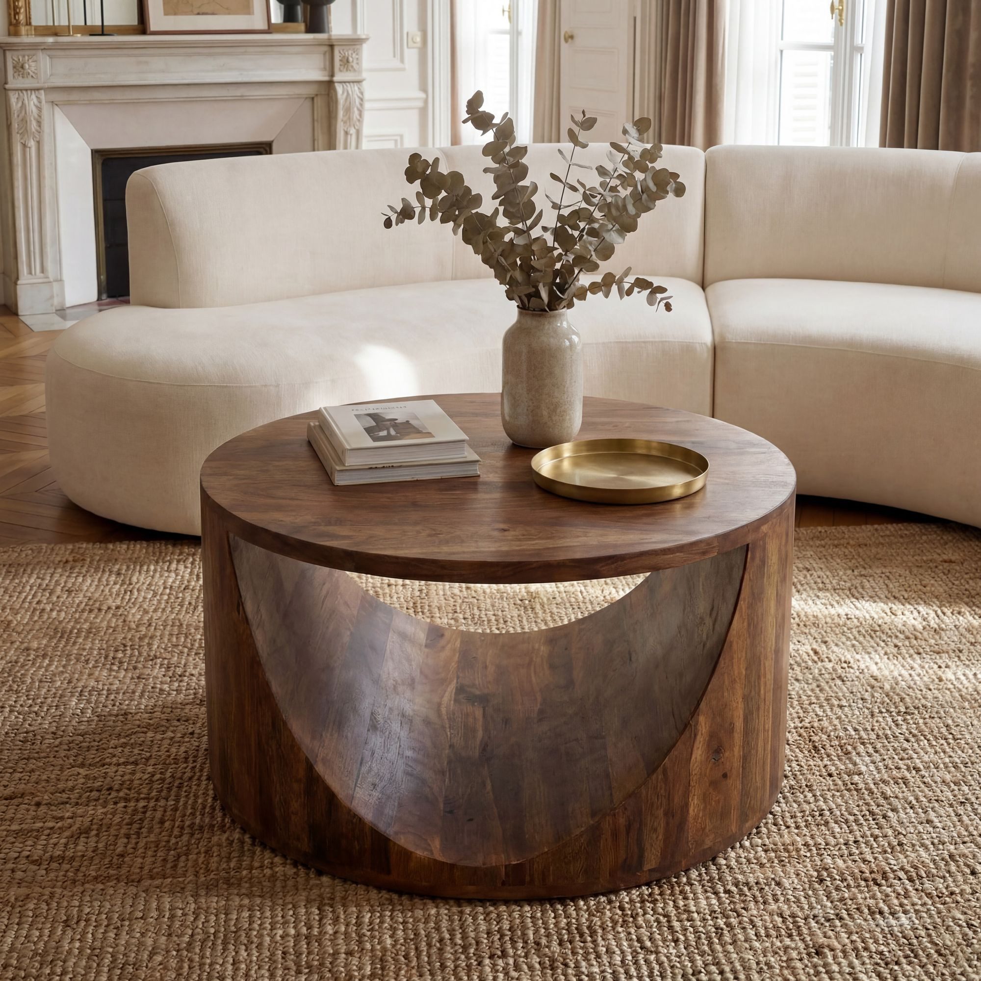FINEBUY Couchtisch FB116621 Massivholz 60cm Wohnzimmertisch Ablage Beistelltisch Tisch (Zylindrisches Designobjekt mit Aussparung), Komplett aus massivem Mangoholz gefertigt