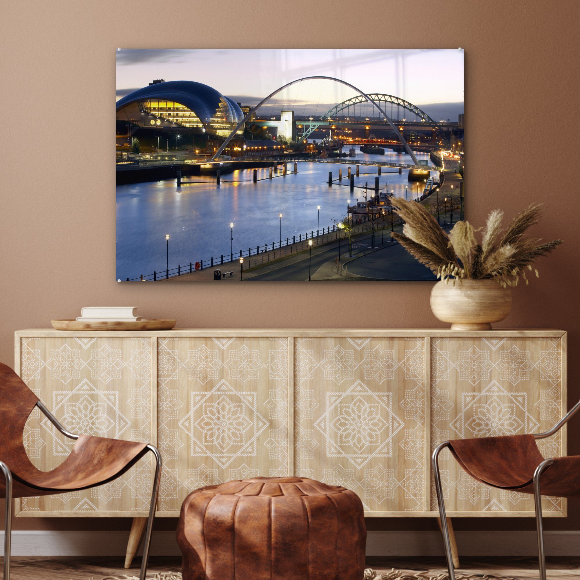 MuchoWow Acrylglasbild Abenddämmerung Wohnzimmer Schlafzimmer Tyne über & dem Acrylglasbilder (1 Newcastle-upon-Tyne, St), in