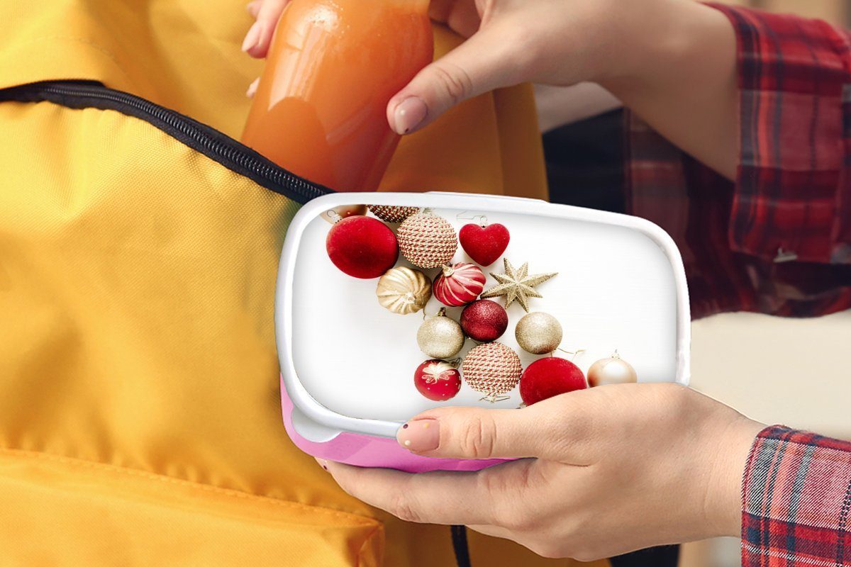 MuchoWow Lunchbox Brotdose rosa Brotbox Snackbox, (2-tlg), Erwachsene, Kunststoff, - Weihnachten Kinder, Kunststoff Mädchen, Christbaumkugeln, - Winter für
