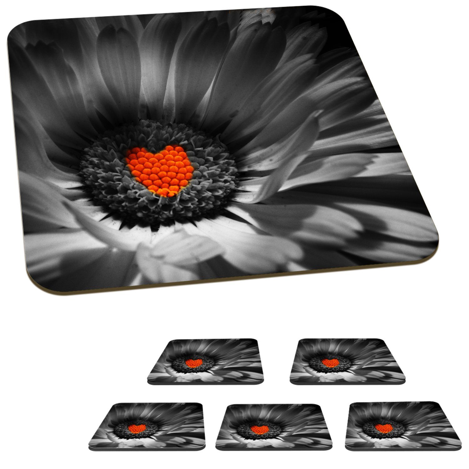 MuchoWow Glasuntersetzer Schwarz-Weiß-Foto einer Ringelblume mit Zubehör für Glasuntersetzer, Untersetzer, Tischuntersetzer, Gläser, Tasse roten Korkuntersetzer, Herz, einem 6-tlg