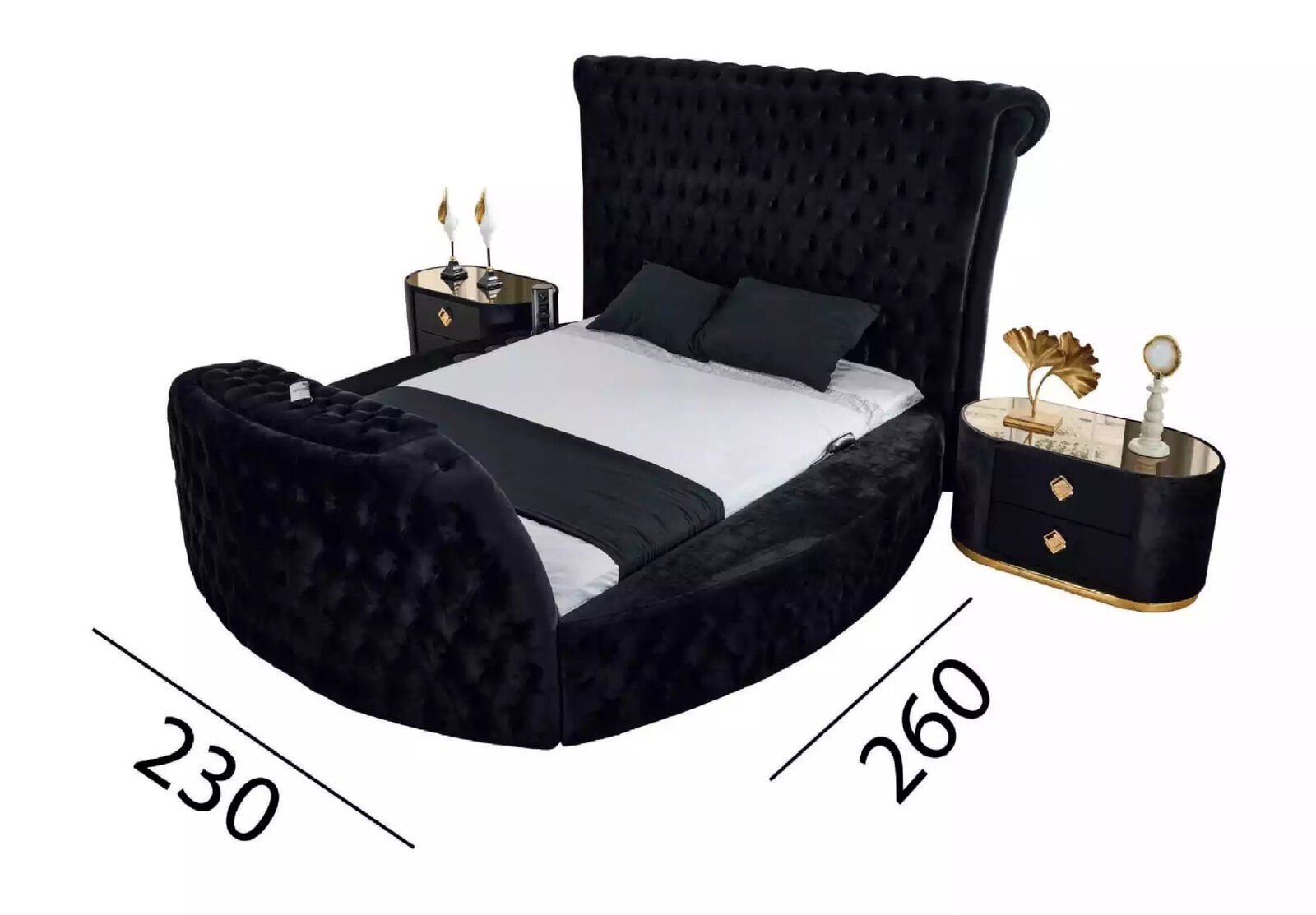 Chesterfield, Bett/2x 2x Schlafzimmer Schminktisch Schlafzimmer-Set Bett (5-St., Nachttische Nachttische/Schminktisch/Spiegel) JVmoebel schwarz Set