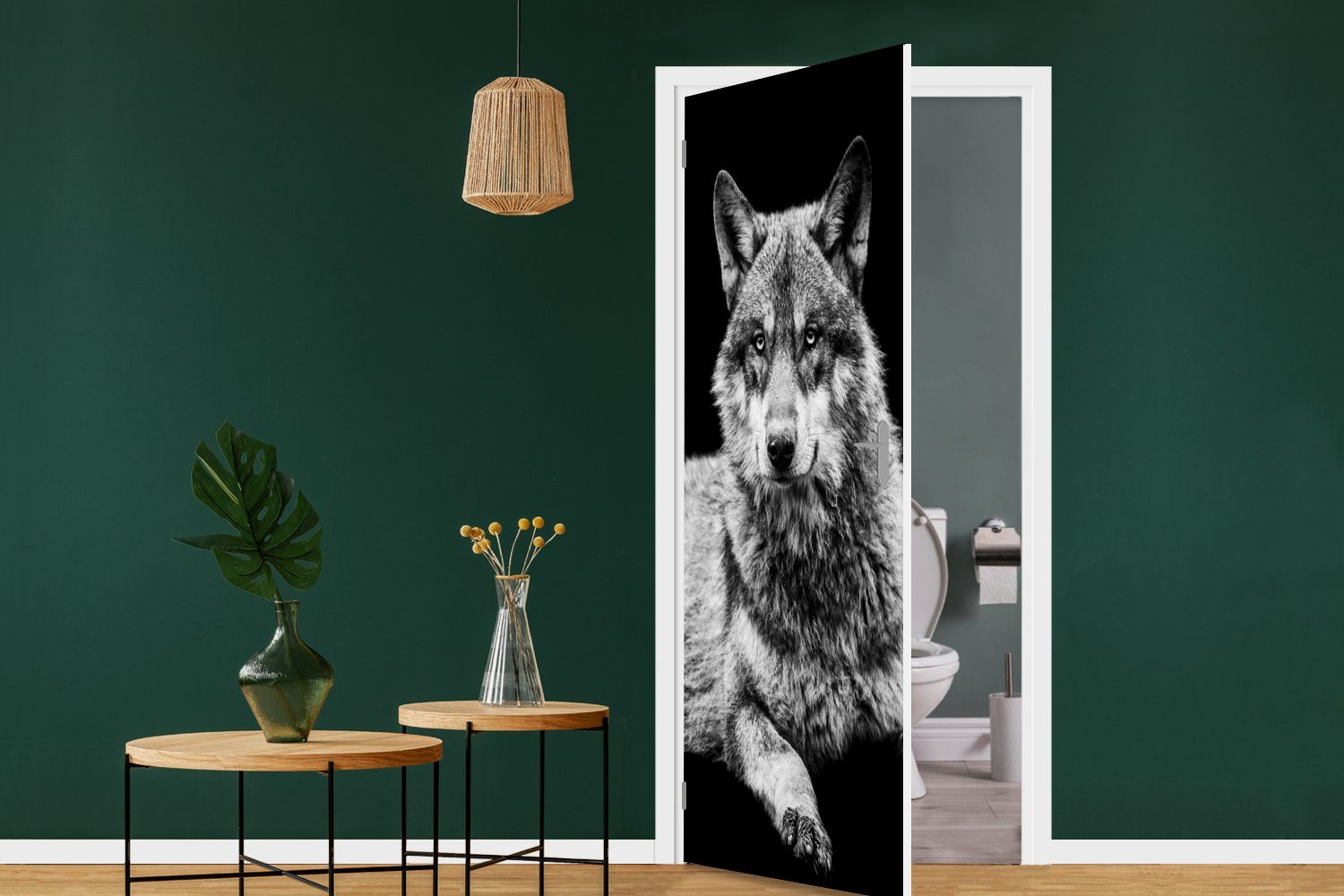 MuchoWow Türtapete bedruckt, Weiß, Schwarz Tür, Türaufkleber, - Fototapete Wolf - Wildlife - 75x205 für Matt, cm (1 St),