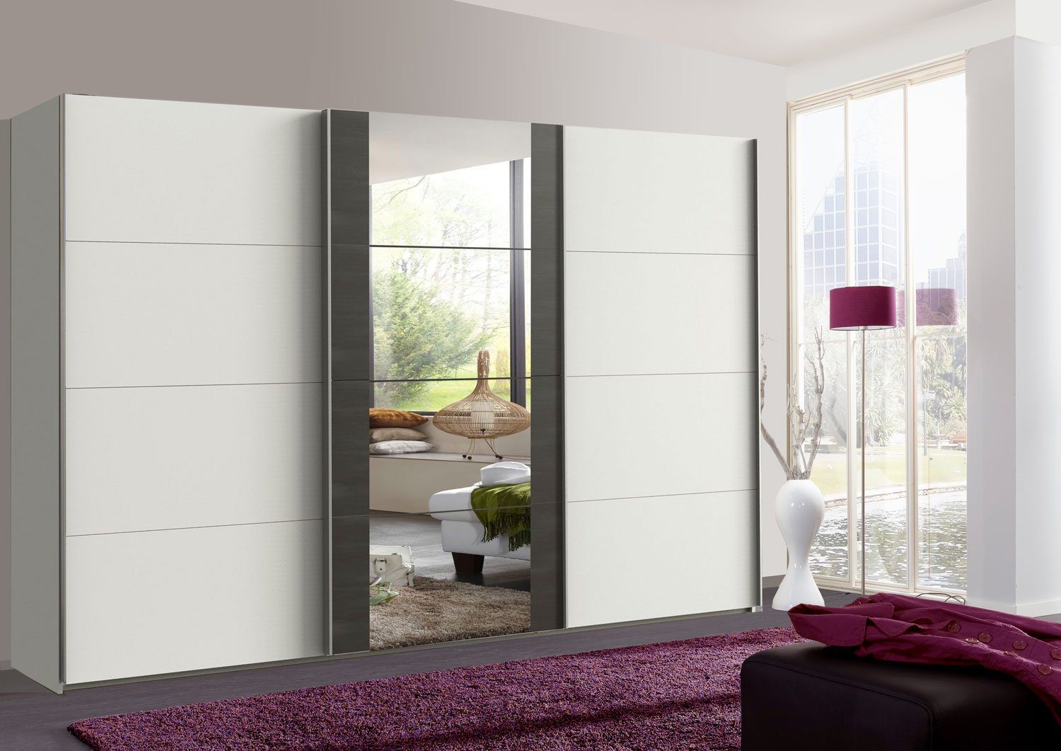 Wimex Schwebetürenschrank Bern (3 Türen, Einlegeböden, Kleiderstangen, Spiegel, 1-St., moderne Optik, Metallgriffleisten, mit Spiegel) 360x64x236cm weiß raw steel