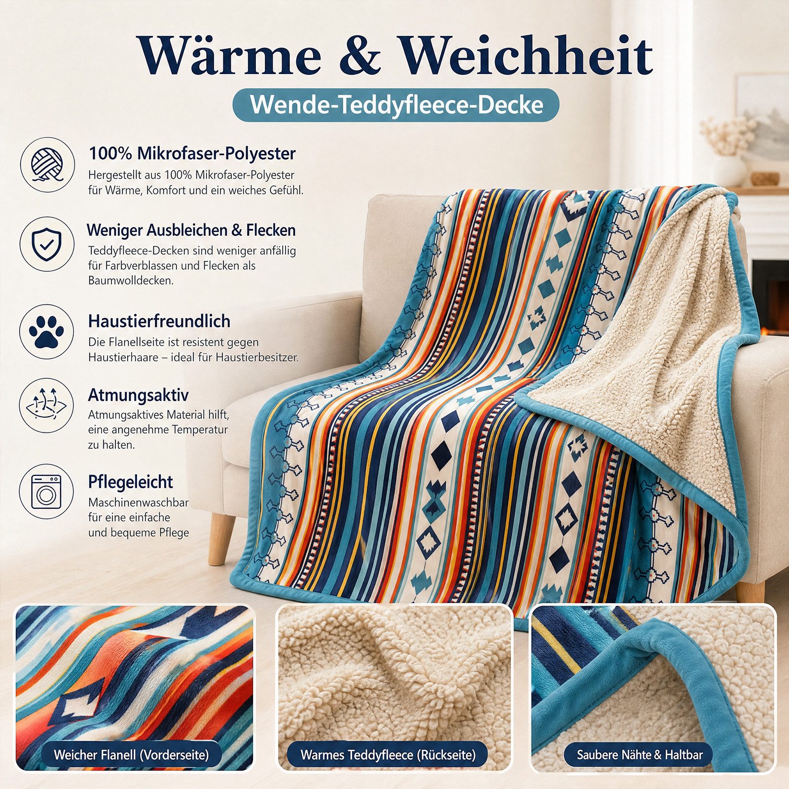 Wohndecke Kuscheldecke Fleecedecke 127x152 / 150x200 cm, weich & warm, PFCTART, Flauschige Decke, wendbar, 100 % Mikrofaser mit Aztekenmuster – Bild 3 von 5