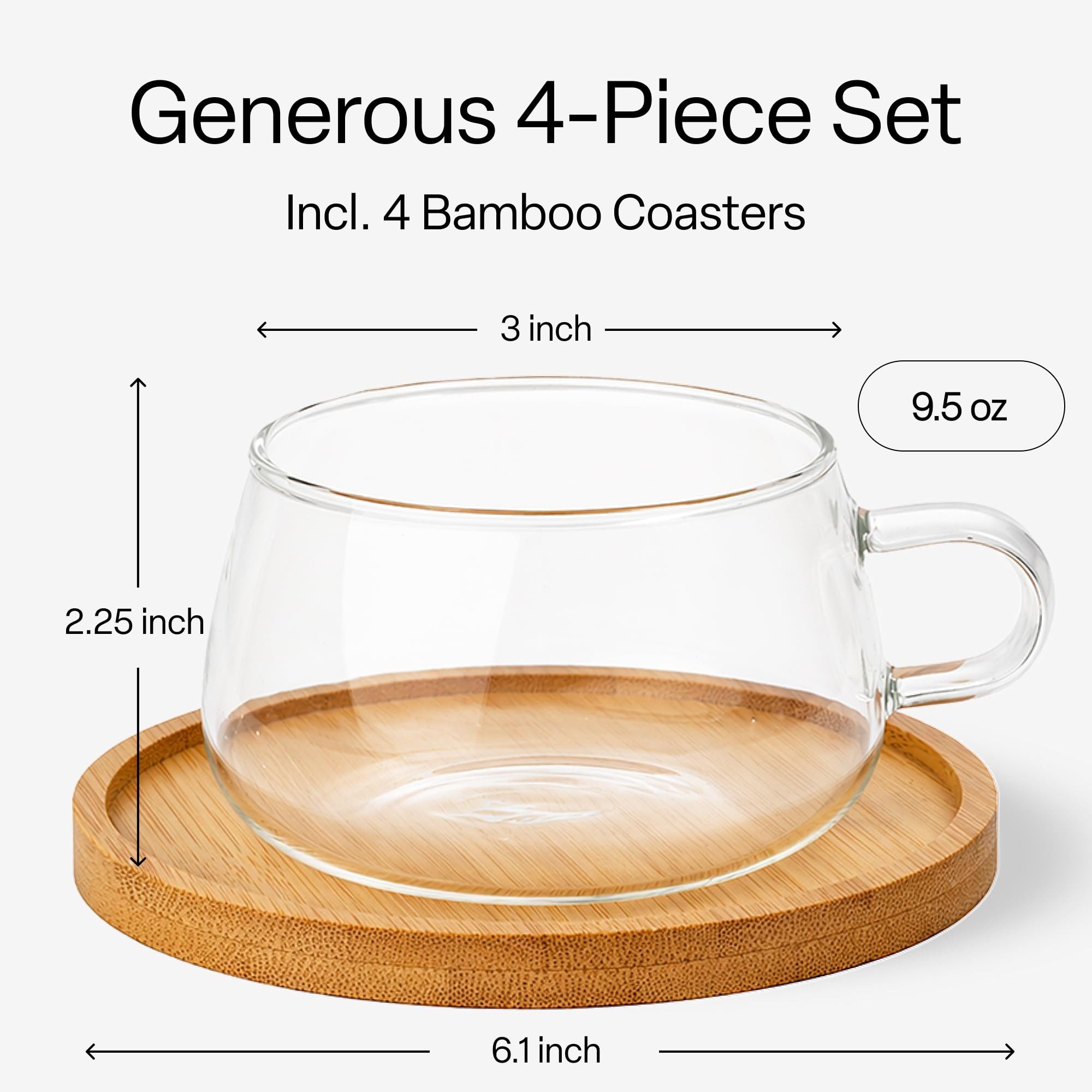 MiaMio Cappuccinotasse Olea, 280 ml, 4-tlg., Glas, mit Bambus-Untersetzer