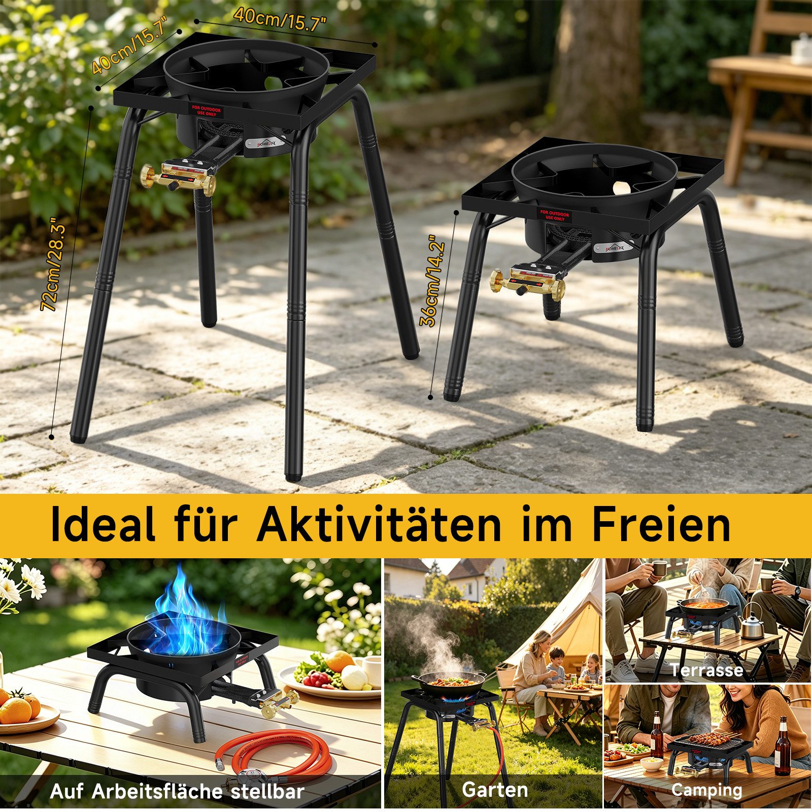 HOMELUX Gaskocher Hockerkocher 11,5 kW Gas mit Piezozündung, (3-St., mit Schlauch 150 cm und 700 mbar Gas Regler Druckminderer), 4 Bein Profi Gasbrenner Gusseisen für Camping Räucheröfen Wok Kocher