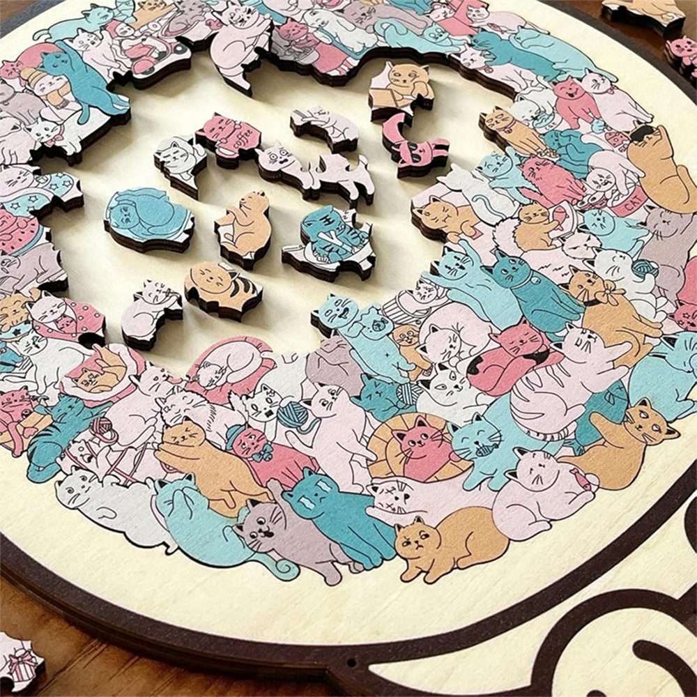Zaewry Puzzle Katzen-Holzpuzzle für Erwachsene, Holzpuzzle in Morandi-Farben, 135 Puzzleteile, unregelmäßiges Katzenpuzzle mit katzenförmigem Rahmen,Puzzleteile