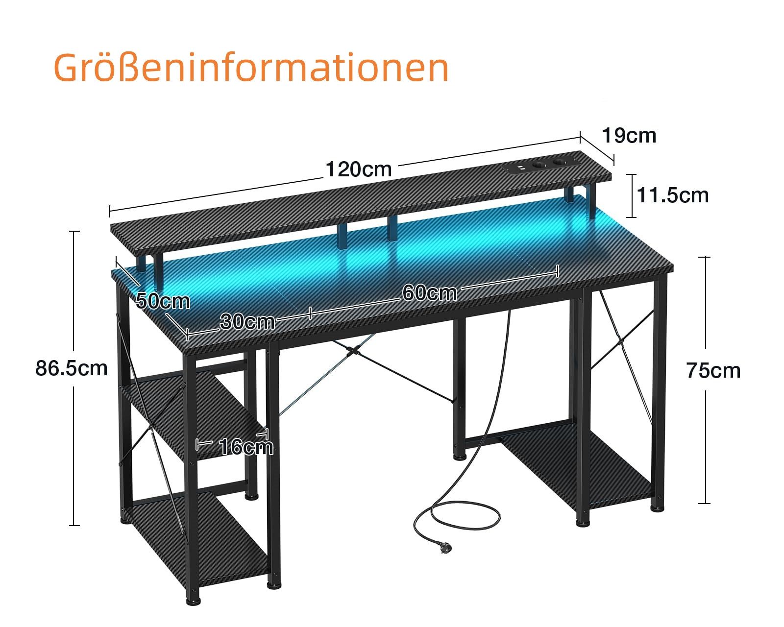 ODK Gamingtisch Computertisch mit integrierter Steckdose und LED-Beleuchtung (1-St), 120 cm in Schwarz für Gaming und Homeoffice