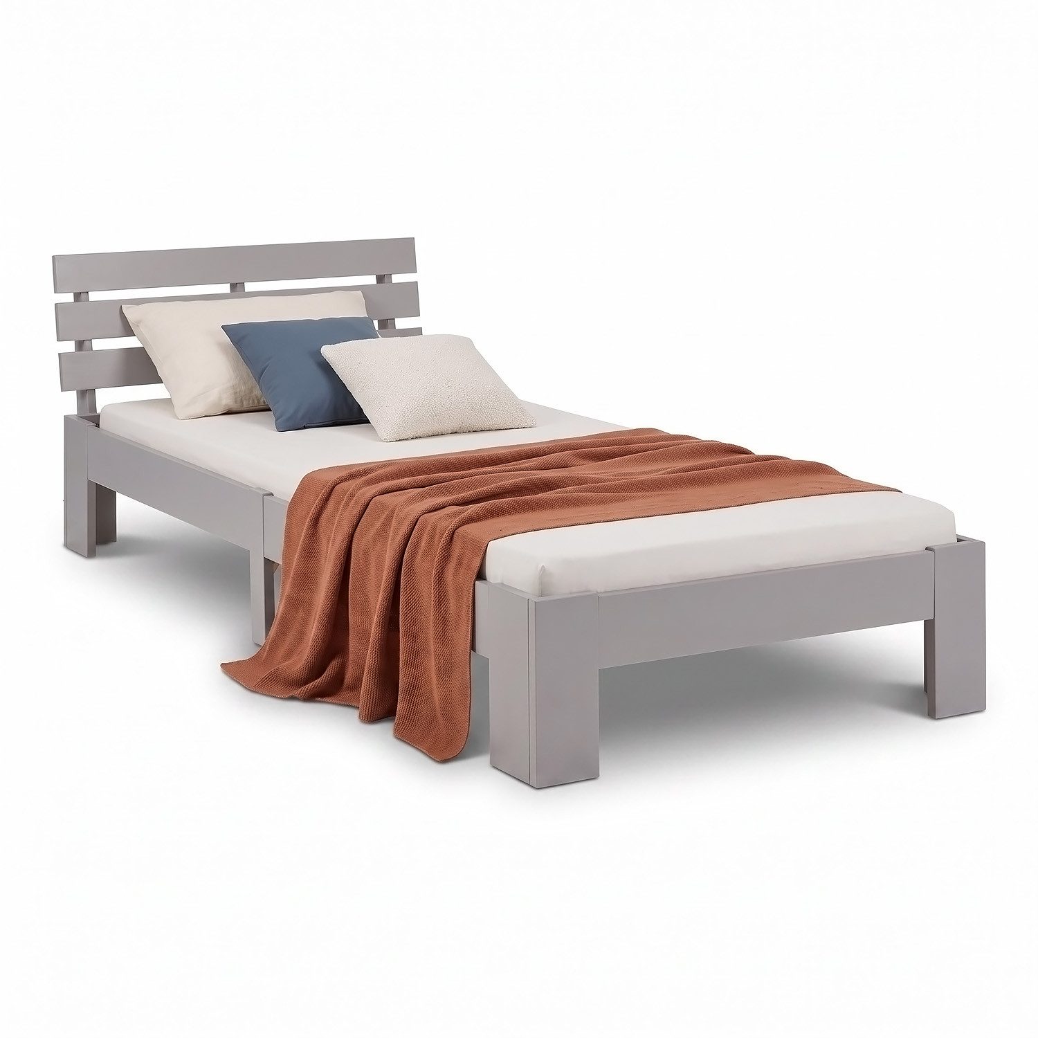 Homestyle4u Massivholzbett 90x200 120x200 140x200 160x200 180x200 Doppelbett Kopfteil Lattenrost (Set, mit Lattenrost, Grau), 90x200, modern, stabil