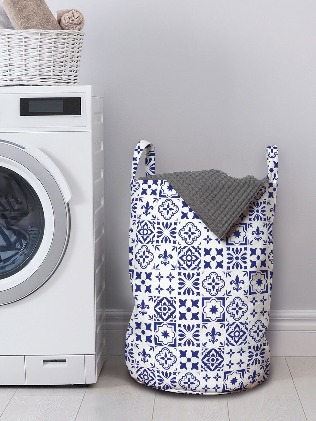 Kordelzugverschluss für Wäschesäckchen Waschsalons, mit Muster Indigo Griffen Wäschekorb abstraktes Tile Abakuhaus Quadrat