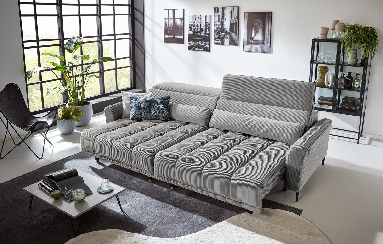 freiraum Big-Sofa Wolve, 2x elektr. Sitzverstellung, Cord silbergrau - 280x108x118cm (BxHxT)