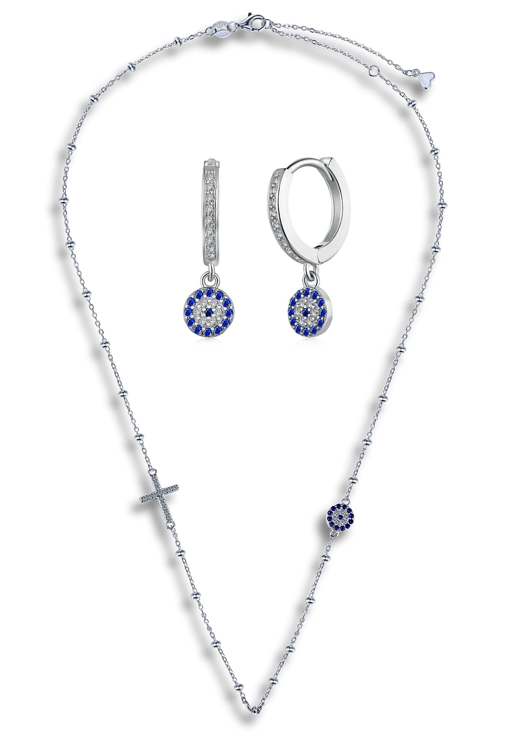 BRELLATO Ohrring und Ketten Set Evil Eye Damen Halskette Ohrhänger Kristall  Kreuz-Auge-Anhänger (Kugelkette Ohrstecker mit Böses Auge Nazar  Schutz-Symbol und Geschenk-Box-Verpackung, 2-tlg., Choker Silber-Kette  Kreuz-Charm, Geschenk Kommunion Firmung