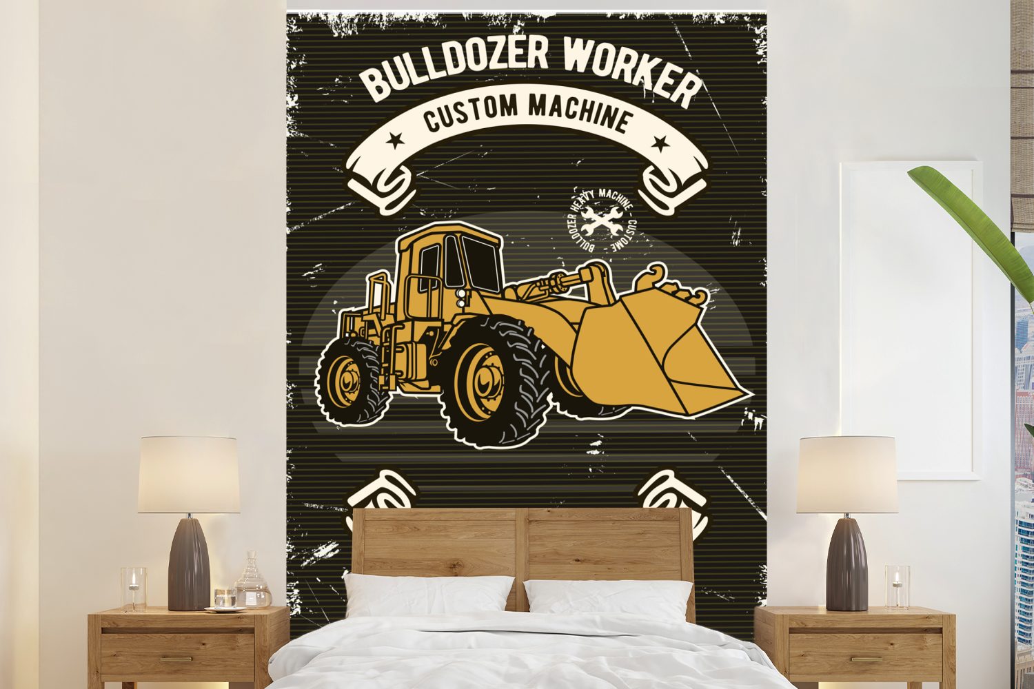 MuchoWow Fototapete Bulldozer - Retro - Angebot, Matt, bedruckt, (3 St), Montagefertig Vinyl Tapete für Wohnzimmer, Wandtapete